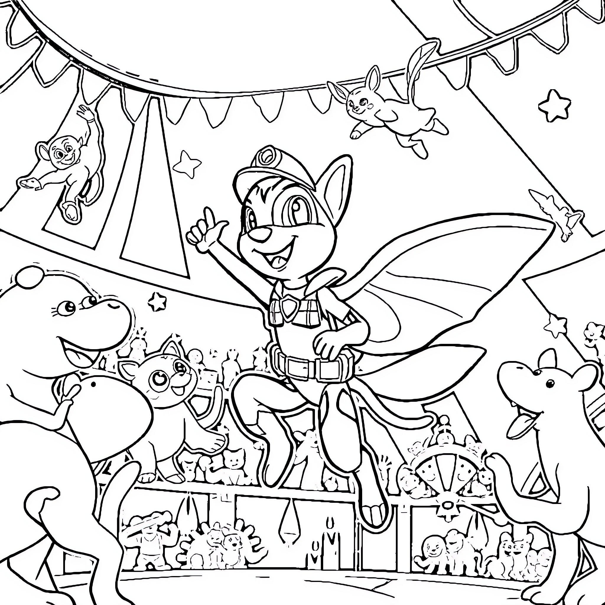 Paw Patrol characters in a circus-themed scene Coloring Page (free black-and-white line drawing printable PDF for all, from beginners to advanced learners, including children, teens, adults, and seniors)