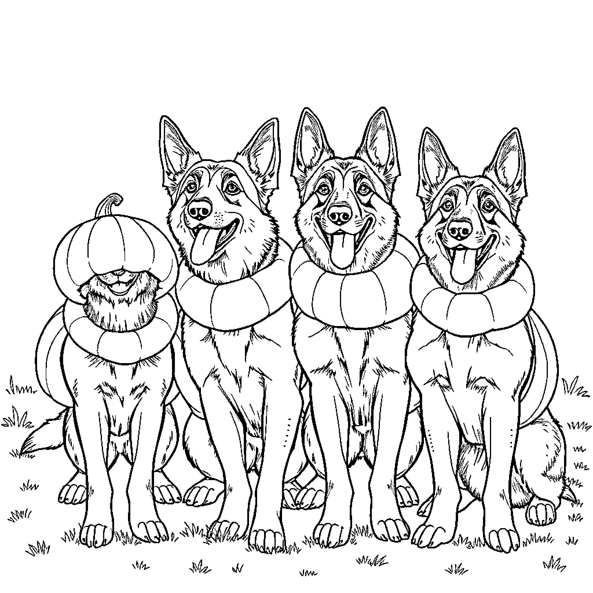 German Shepherd Dogs in Halloween Costumes Coloring Page (free black-and-white line drawing printable PDF for all, from beginners to advanced learners, including children, teens, adults, and seniors)