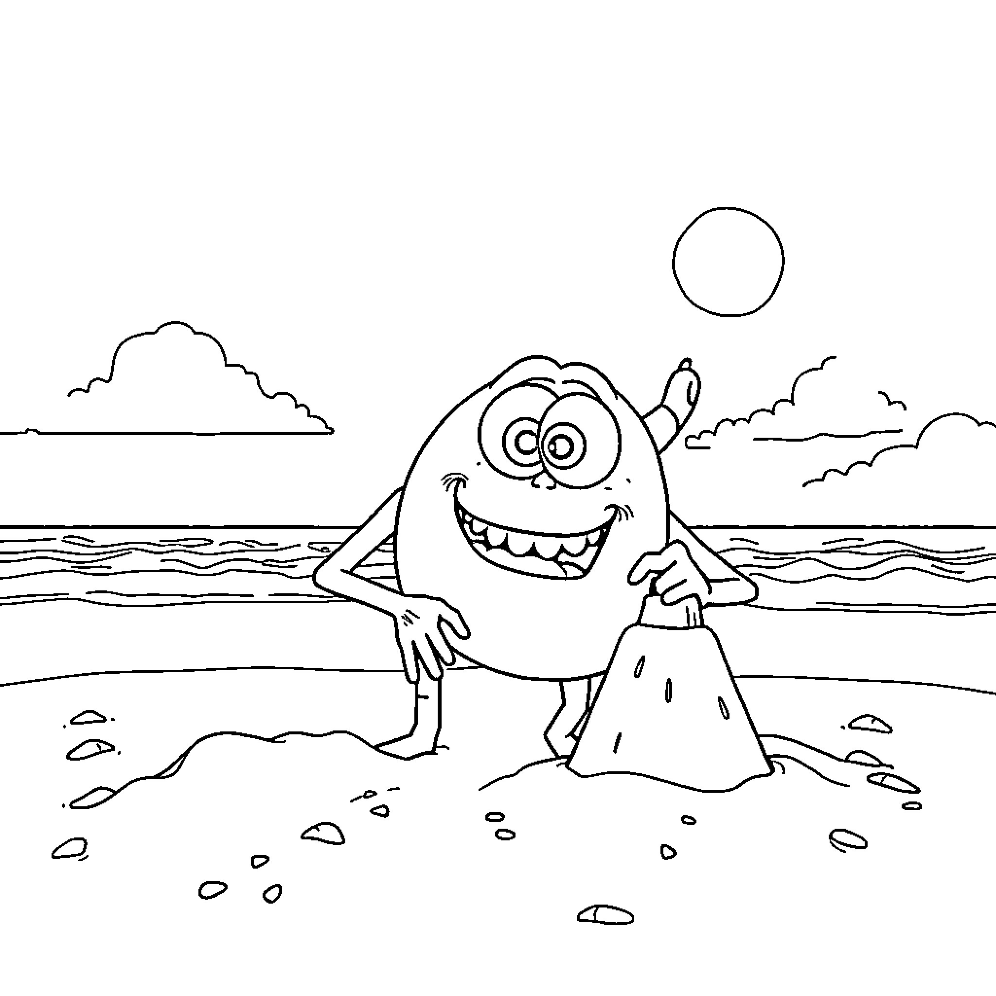 Mike Wazowski building a sandcastle at the beach Coloring Page (free black-and-white line drawing printable PDF for all, from beginners to advanced learners, including children, teens, adults, and seniors)