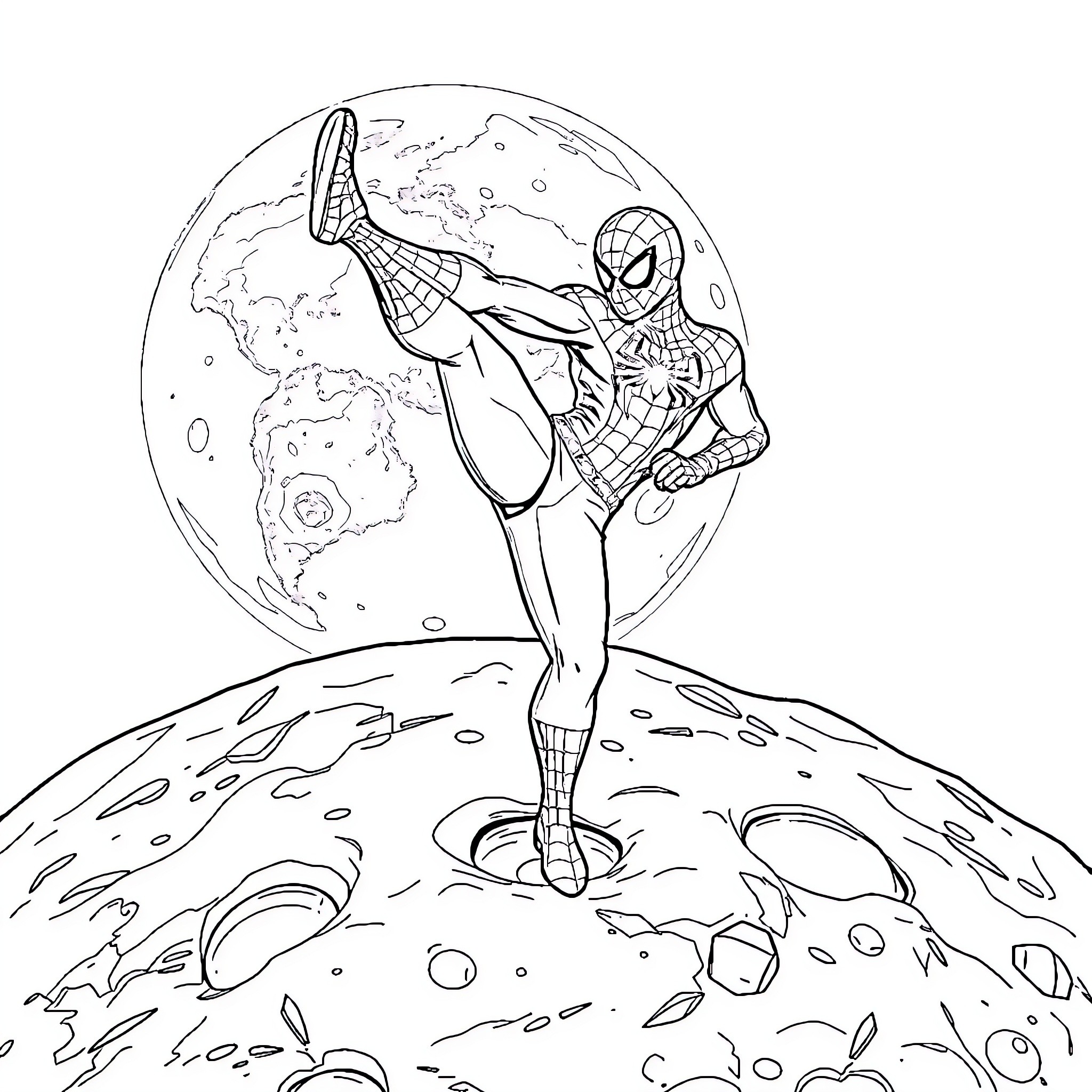 Spiderman swinging high above the Earth Coloring Page (free black-and-white line drawing printable PDF for all, from beginners to advanced learners, including children, teens, adults, and seniors)