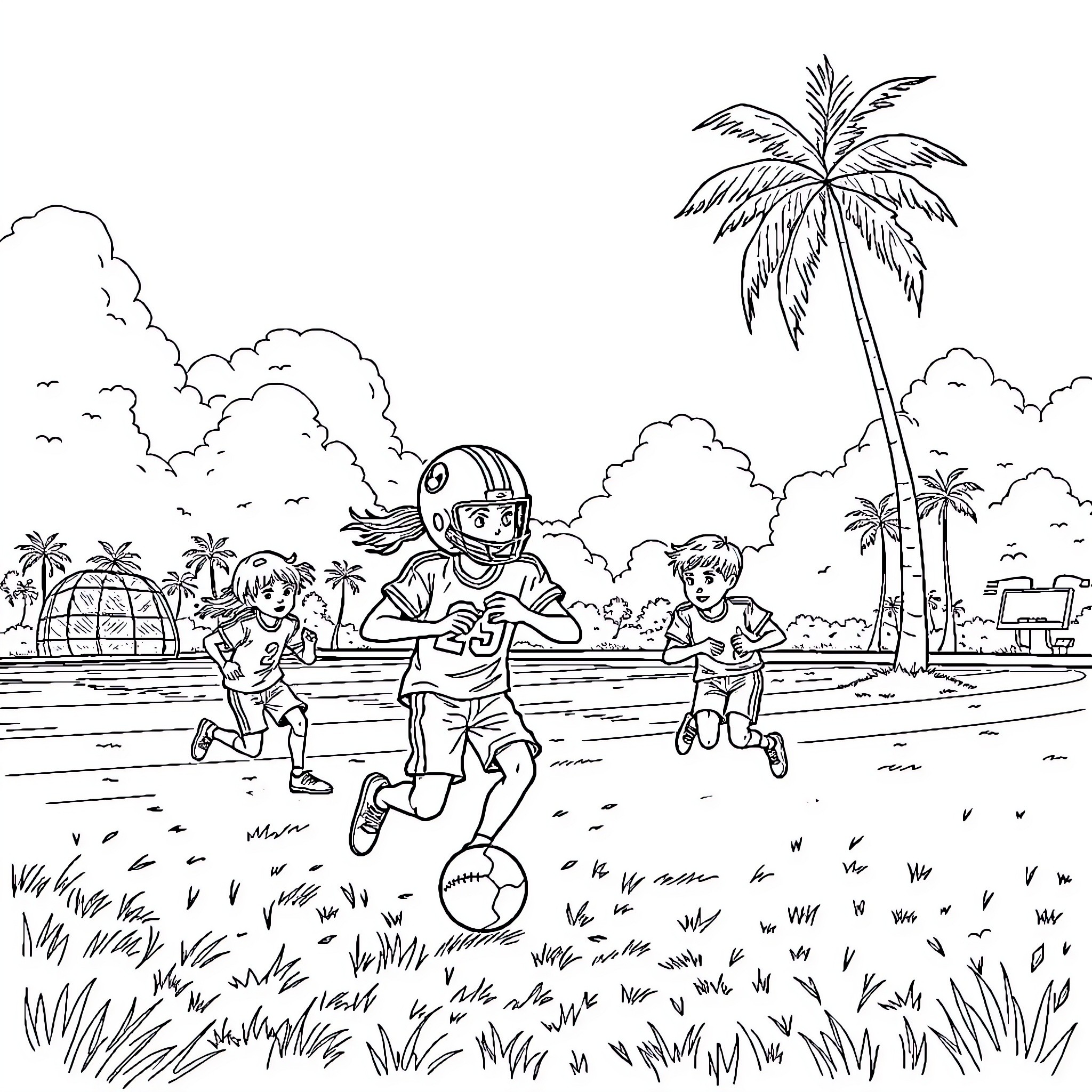 Football game on a tropical beach Coloring Page (free black-and-white line drawing printable PDF for all, from beginners to advanced learners, including children, teens, adults, and seniors)