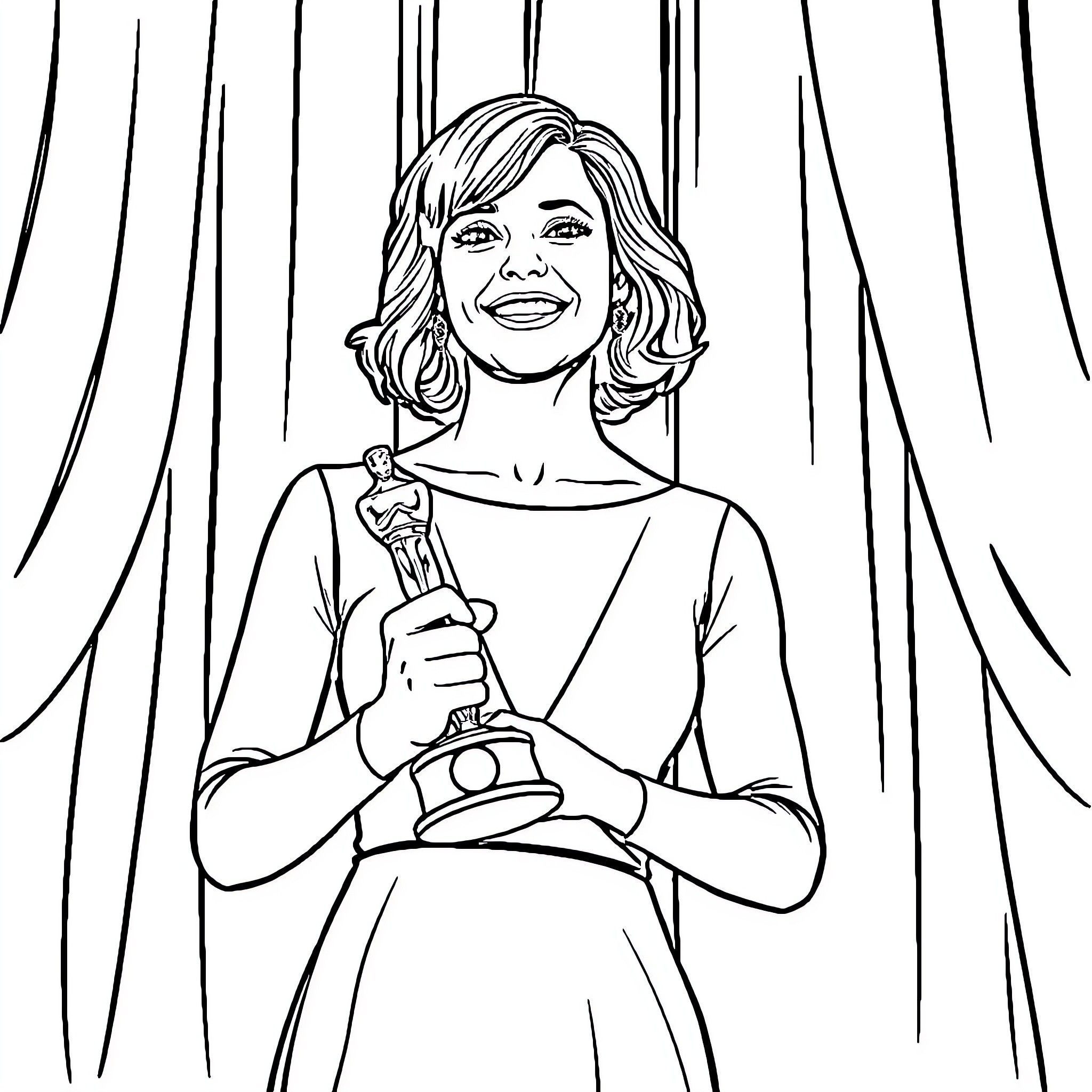 Emma Stone accepting award on stage Coloring Page (free black-and-white line drawing printable PDF for all, from beginners to advanced learners, including children, teens, adults, and seniors)