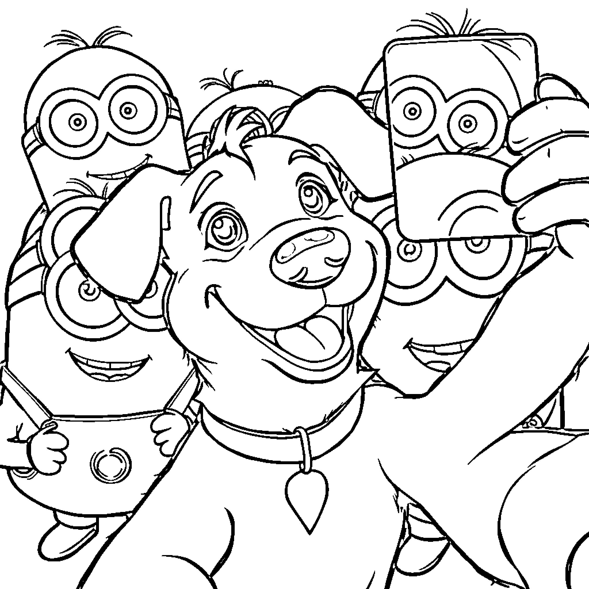 Bluey and Minions playing together happily Coloring Page (free black-and-white line drawing printable PDF for all, from beginners to advanced learners, including children, teens, adults, and seniors)