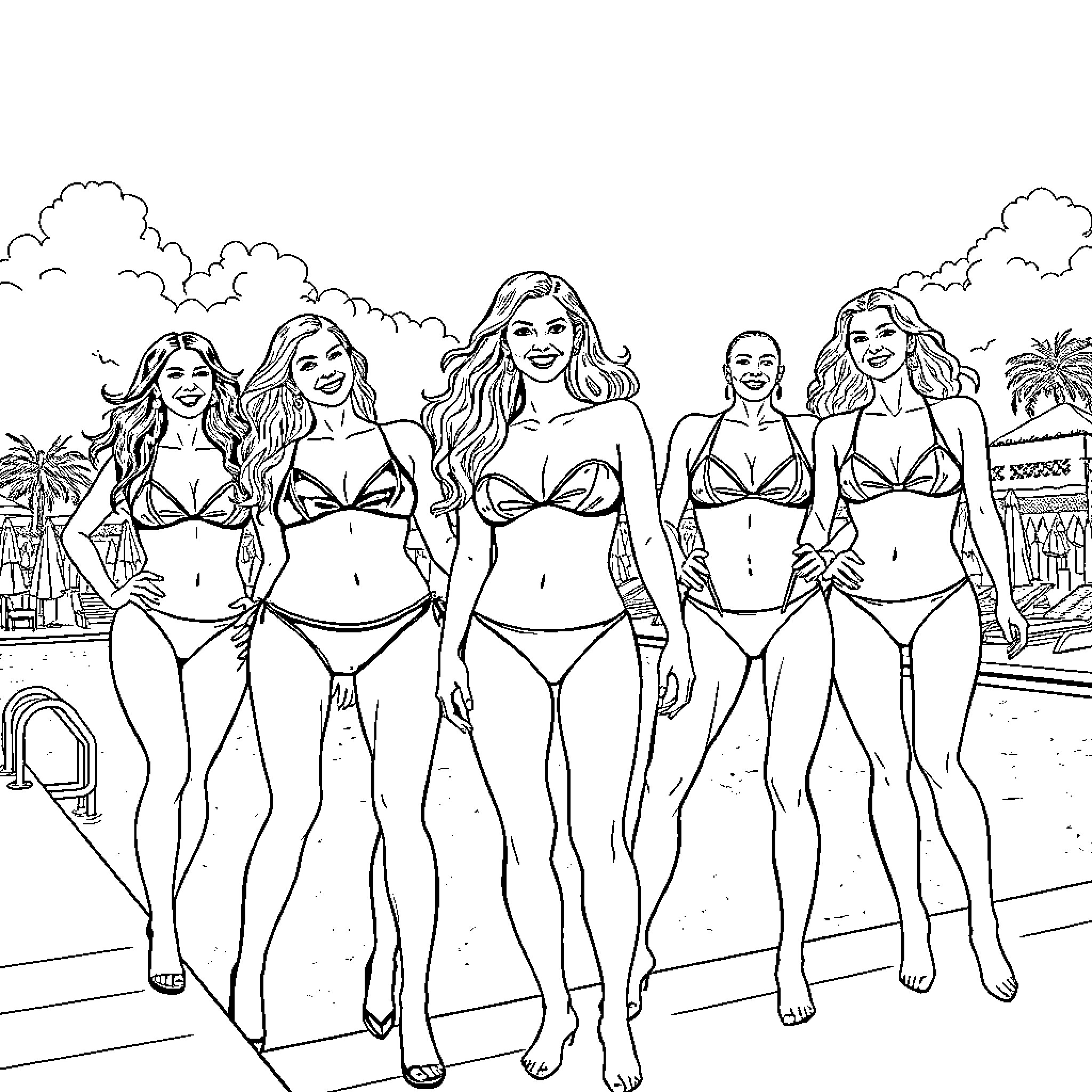 Women posing together in beach attire Coloring Page (free black-and-white line drawing printable PDF for all, from beginners to advanced learners, including children, teens, adults, and seniors)