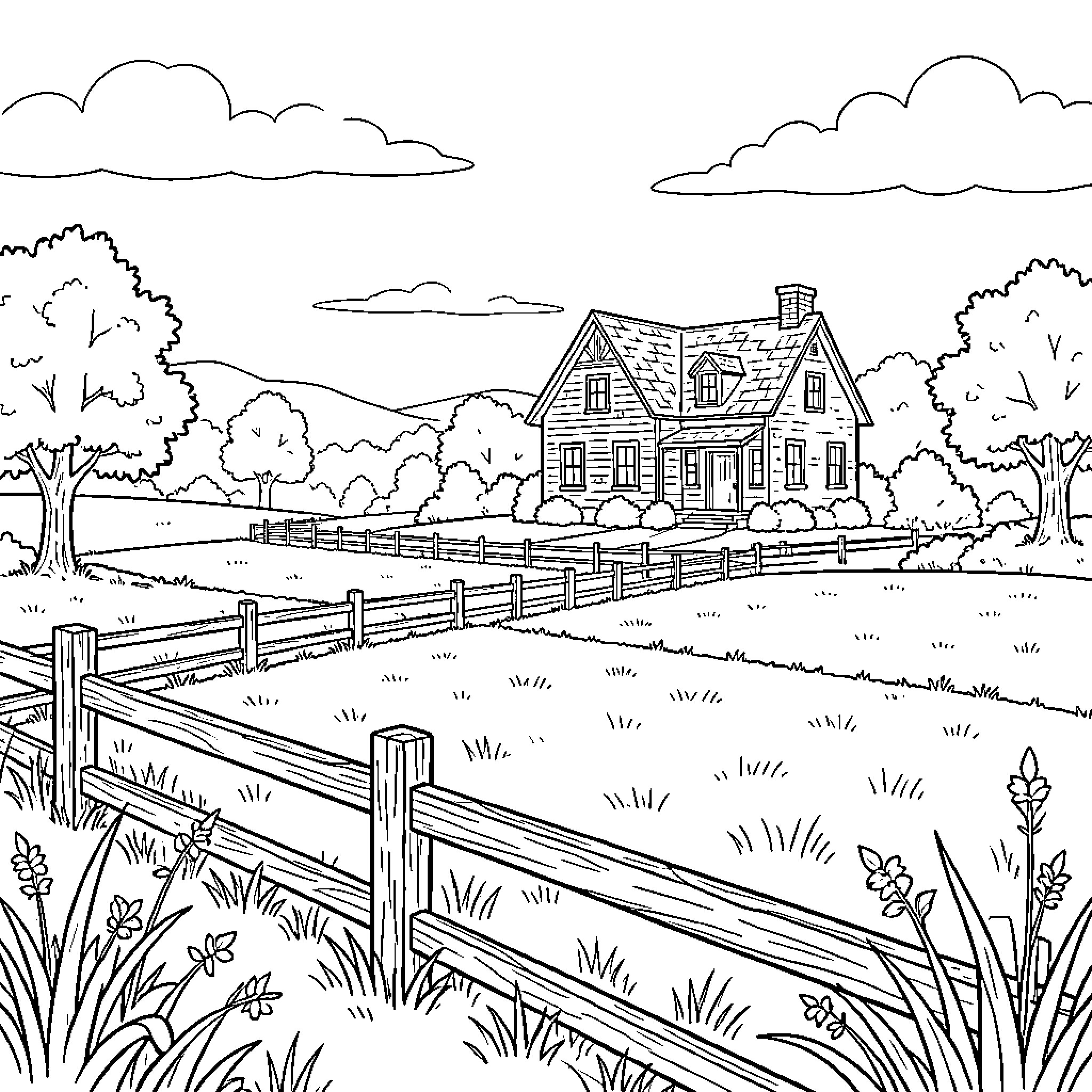 Paisaje de una casa rústica en el campo Coloring Page (free black-and-white line drawing printable PDF for all, from beginners to advanced learners, including children, teens, adults, and seniors)