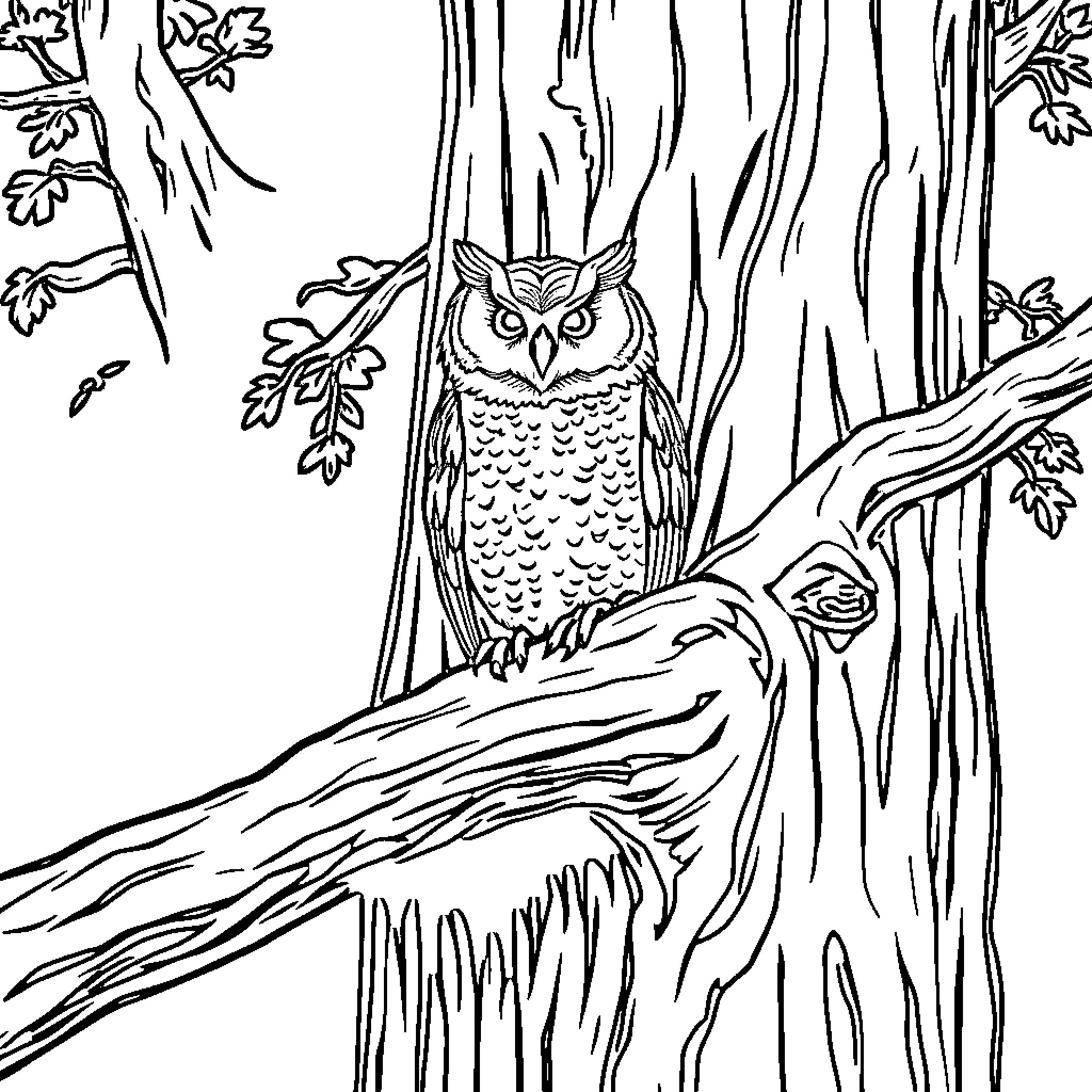 Owl perched in a spooky forest Coloring Page (free black-and-white line drawing printable PDF for all, from beginners to advanced learners, including children, teens, adults, and seniors)