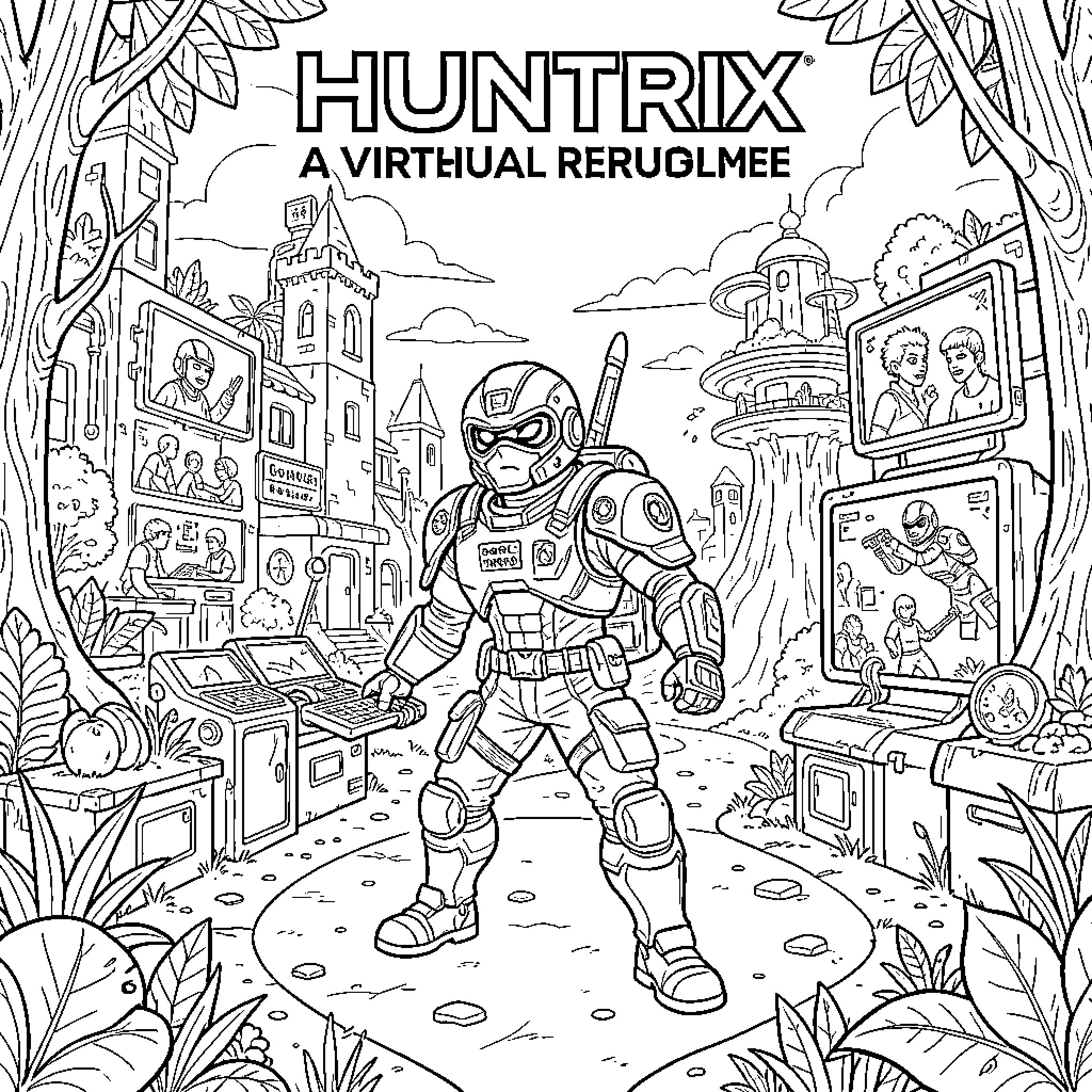 Huntrix: A Virtual Refuge Coloring Page (free black-and-white line drawing printable PDF for all, from beginners to advanced learners, including children, teens, adults, and seniors)