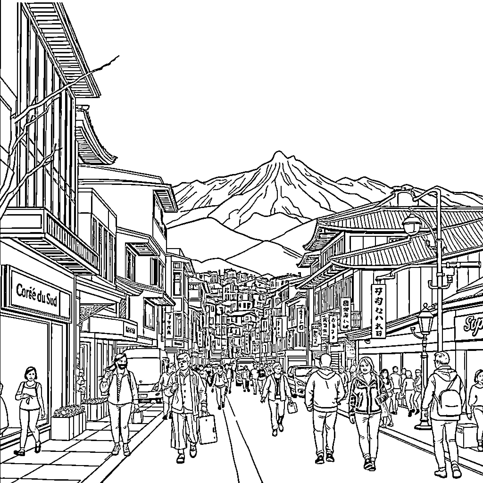 South Korea: Bustling streets and mountain scenery Coloring Page (free black-and-white line drawing printable PDF for all, from beginners to advanced learners, including children, teens, adults, and seniors)