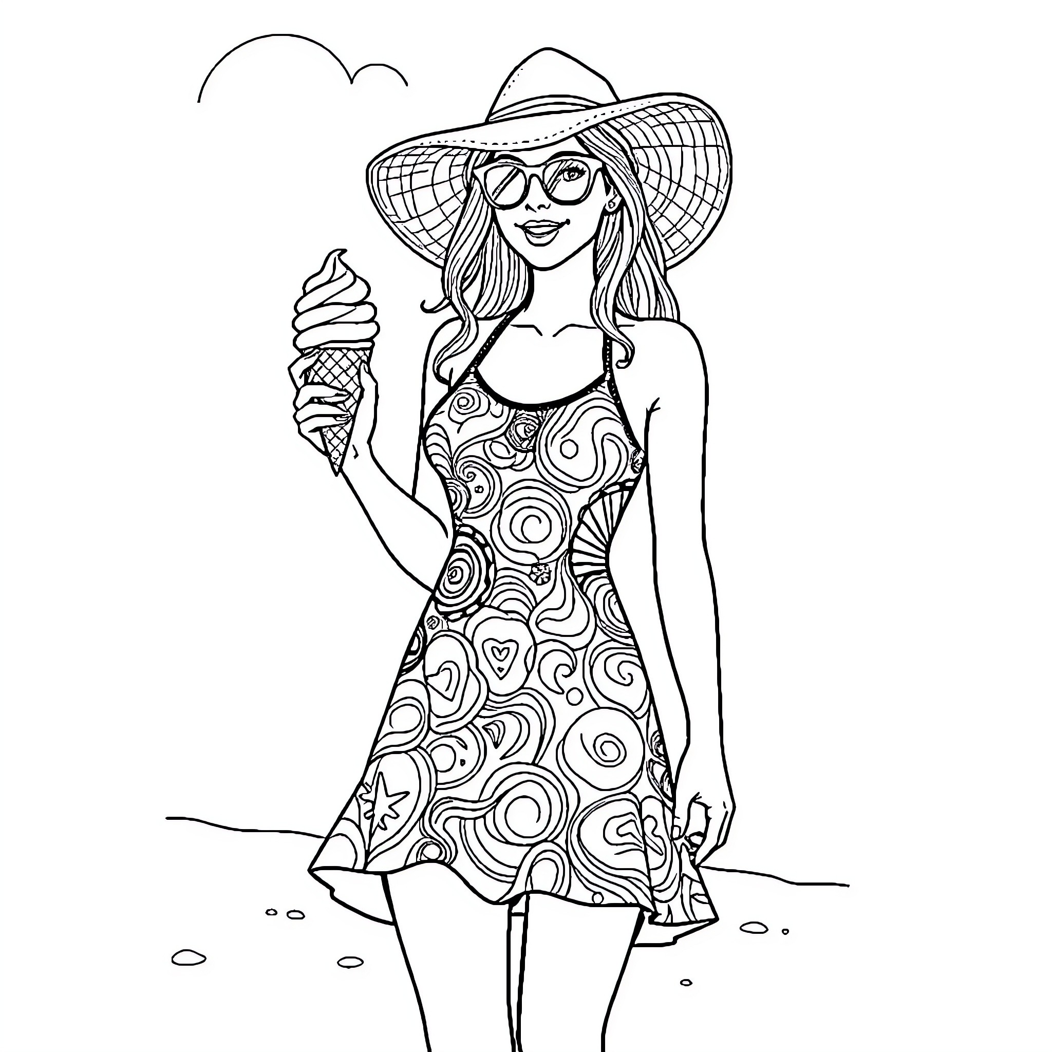 Dress in Summer Beachwear with Ice Cream Coloring Page (free black-and-white line drawing printable PDF for all, from beginners to advanced learners, including children, teens, adults, and seniors)