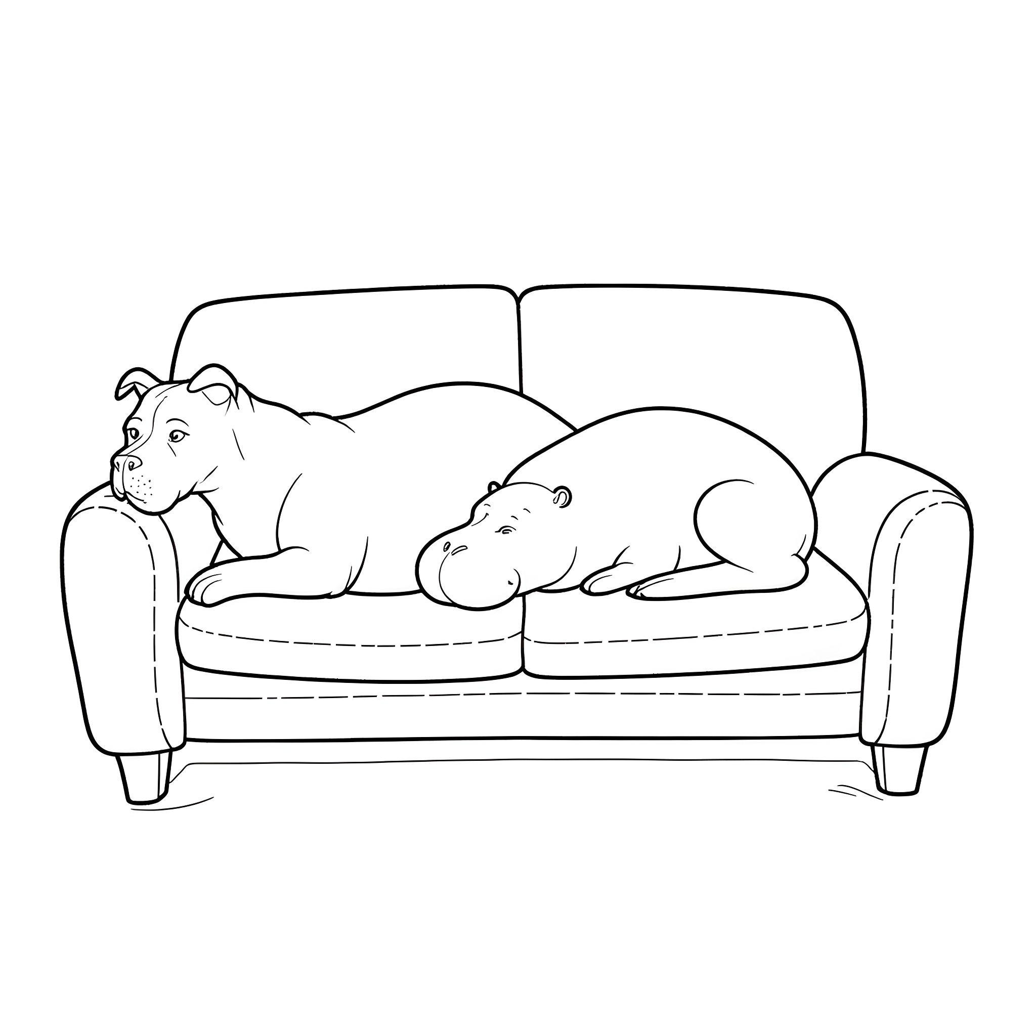 American Staffordshire Terrier lounging on couch Coloring Page (free black-and-white line drawing printable PDF for all, from beginners to advanced learners, including children, teens, adults, and seniors)