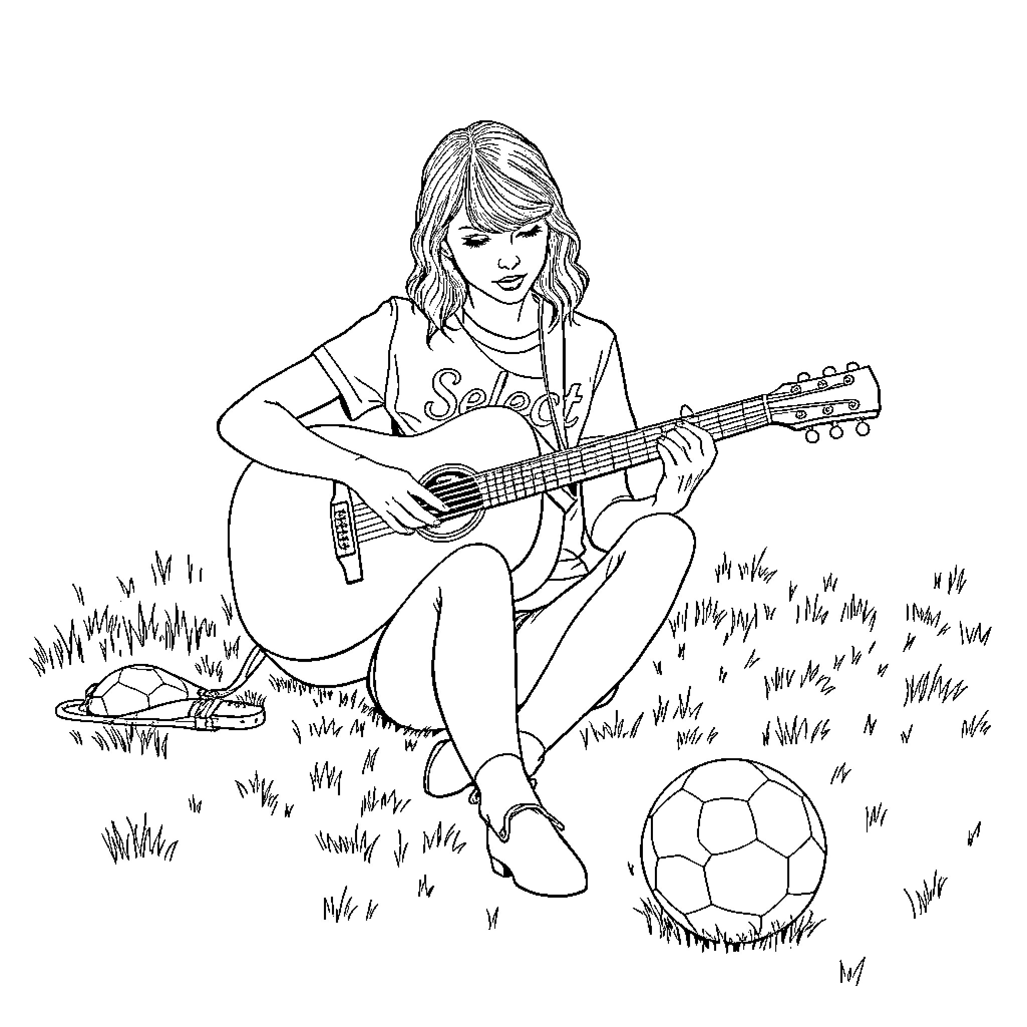 Taylor Swift playing guitar in a grassy field Coloring Page (free black-and-white line drawing printable PDF for all, from beginners to advanced learners, including children, teens, adults, and seniors)
