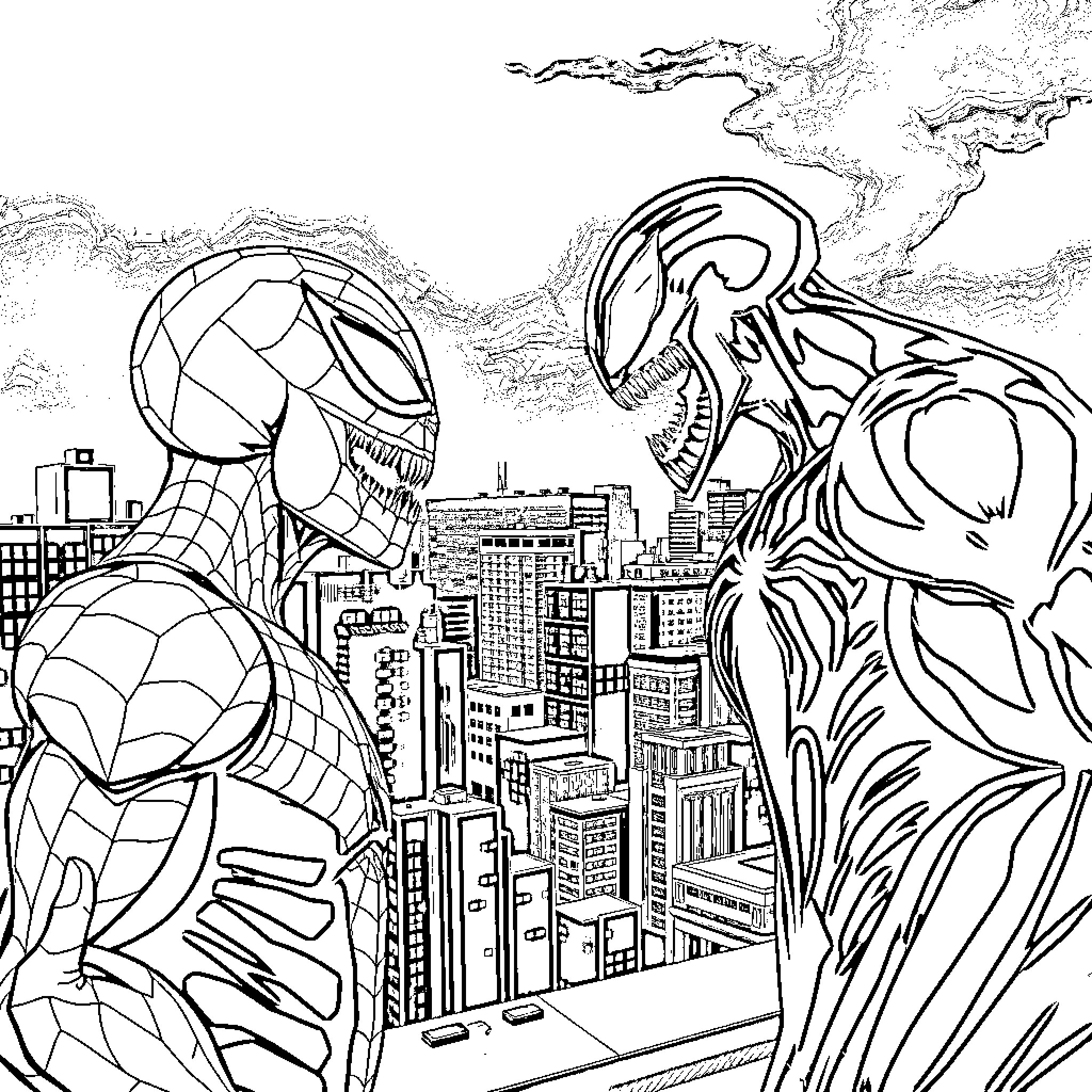 Venom Battles Spider-Man in the City Coloring Page (free black-and-white line drawing printable PDF for all, from beginners to advanced learners, including children, teens, adults, and seniors)