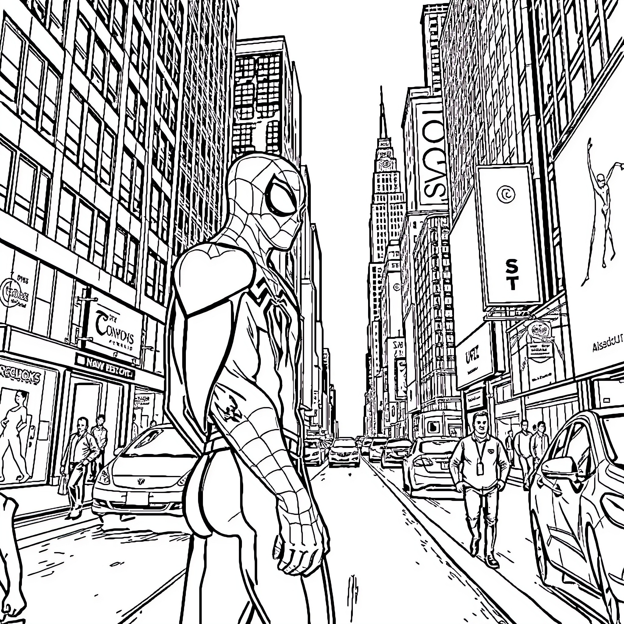 Peter Parker's Spider-Man in Bustling New York City Coloring Page (free black-and-white line drawing printable PDF for all, from beginners to advanced learners, including children, teens, adults, and seniors)