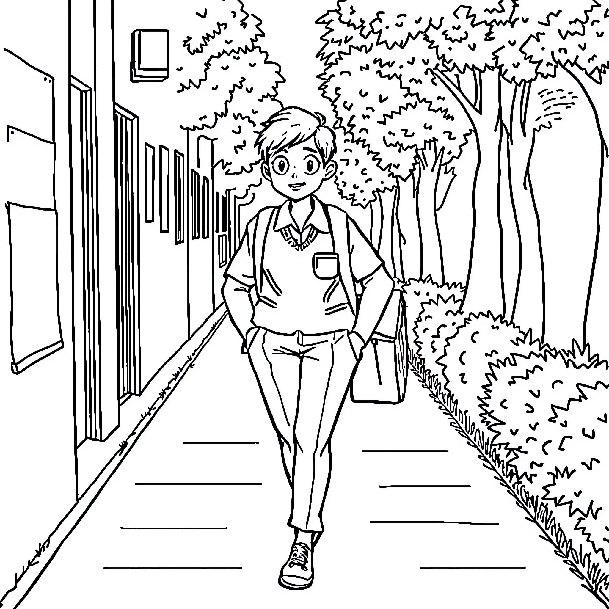 Student walking confidently down a path Coloring Page (free black-and-white line drawing printable PDF for all, from beginners to advanced learners, including children, teens, adults, and seniors)