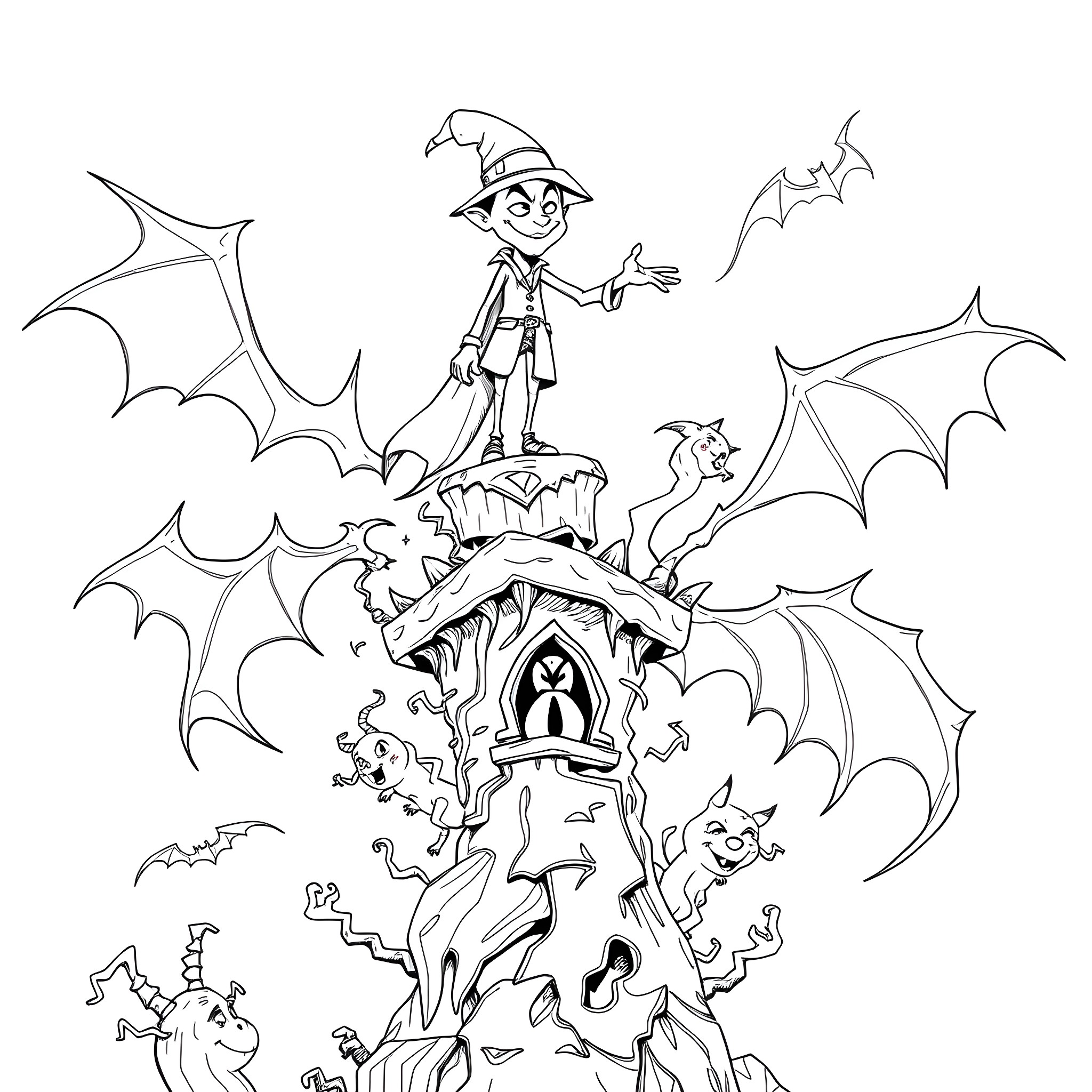 Wicked Wizard and Creepy Creatures in Haunted Castle Coloring Page (free black-and-white line drawing printable PDF for all, from beginners to advanced learners, including children, teens, adults, and seniors)