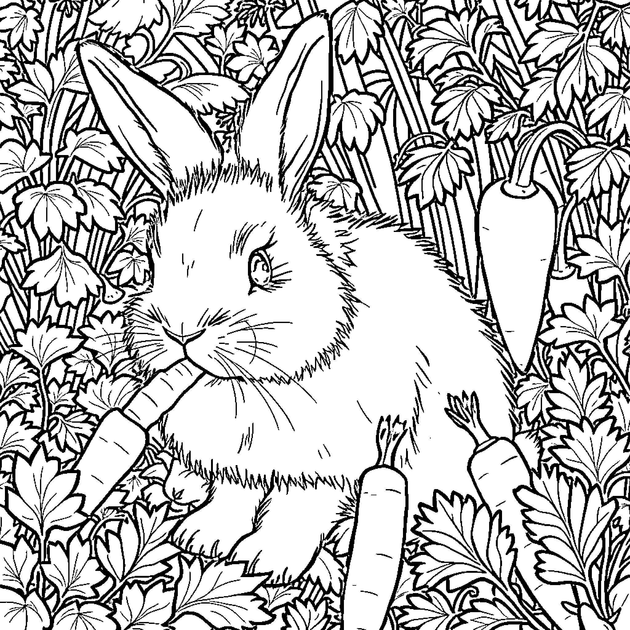 Rabbit hiding in lush vegetation Coloring Page (free black-and-white line drawing printable PDF for all, from beginners to advanced learners, including children, teens, adults, and seniors)