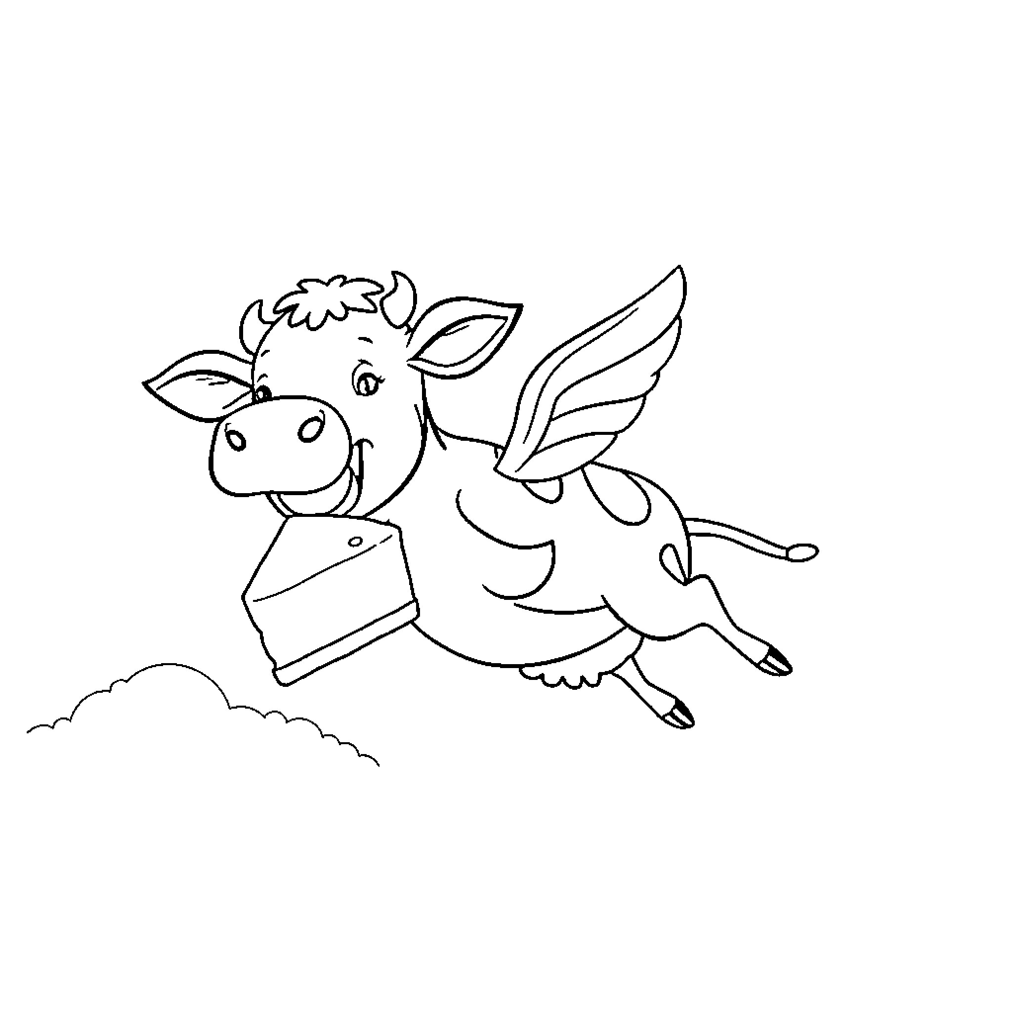 Flying Cow with Wings Soaring Through the Sky Coloring Page (free black-and-white line drawing printable PDF for all, from beginners to advanced learners, including children, teens, adults, and seniors)