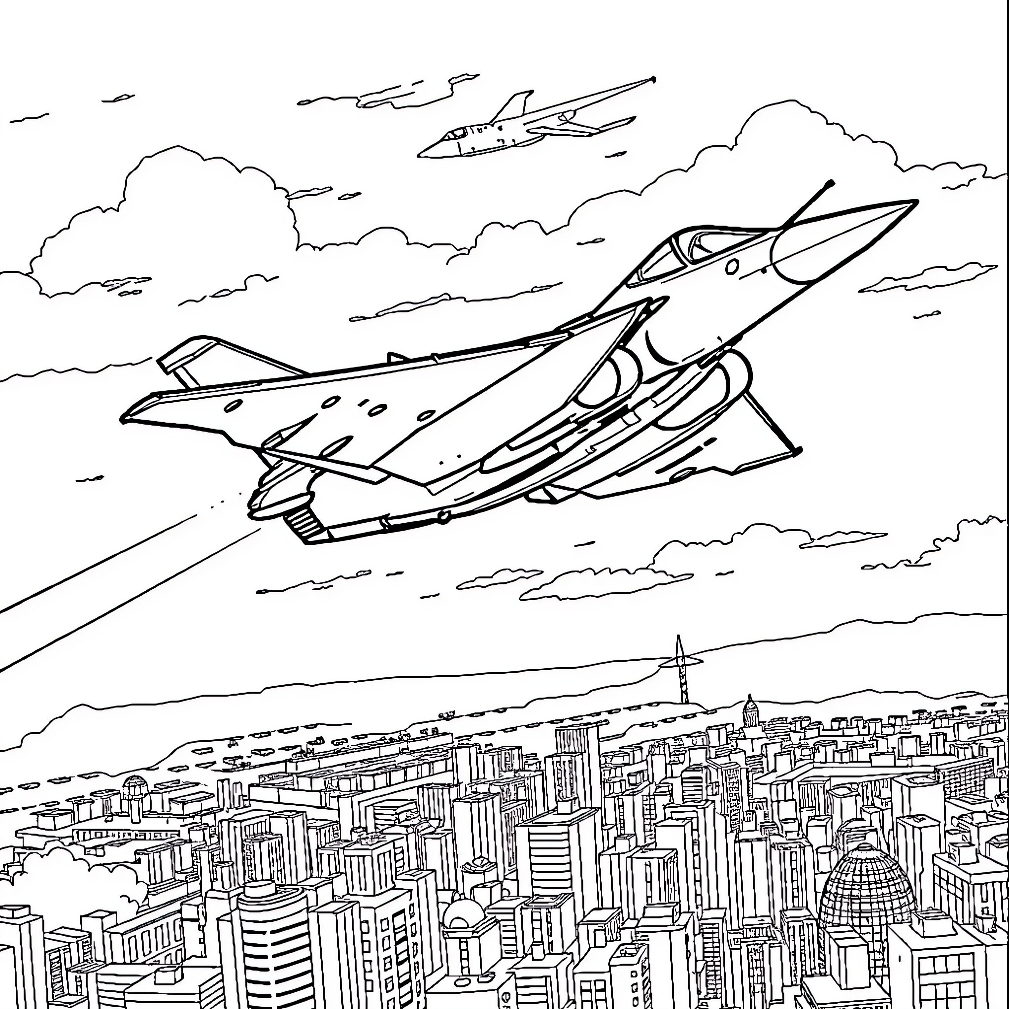 Rafale jets soaring over a bustling city Coloring Page (free black-and-white line drawing printable PDF for all, from beginners to advanced learners, including children, teens, adults, and seniors)