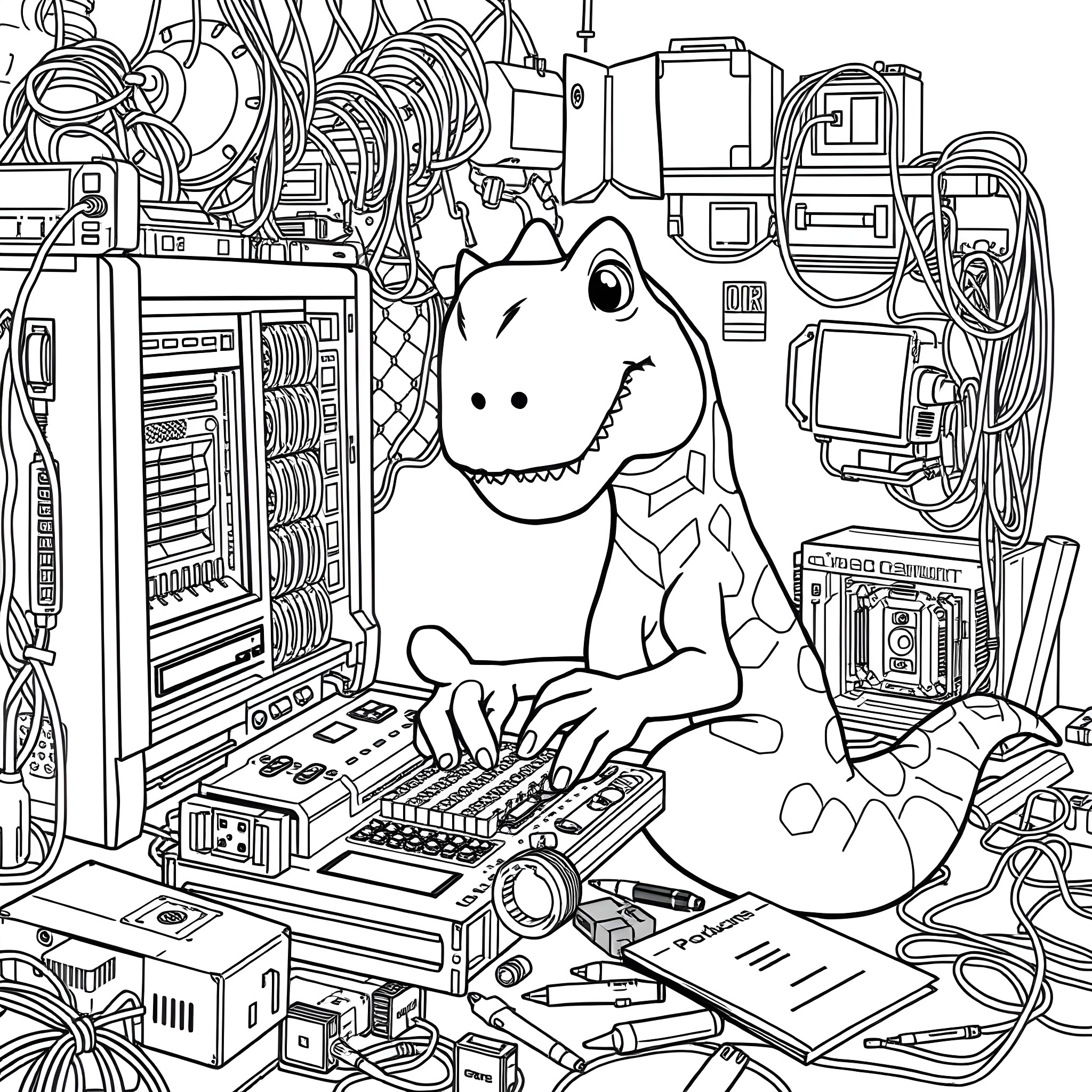 Dino playing with electronic gadgets in a cluttered room Coloring Page (free black-and-white line drawing printable PDF for all, from beginners to advanced learners, including children, teens, adults, and seniors)