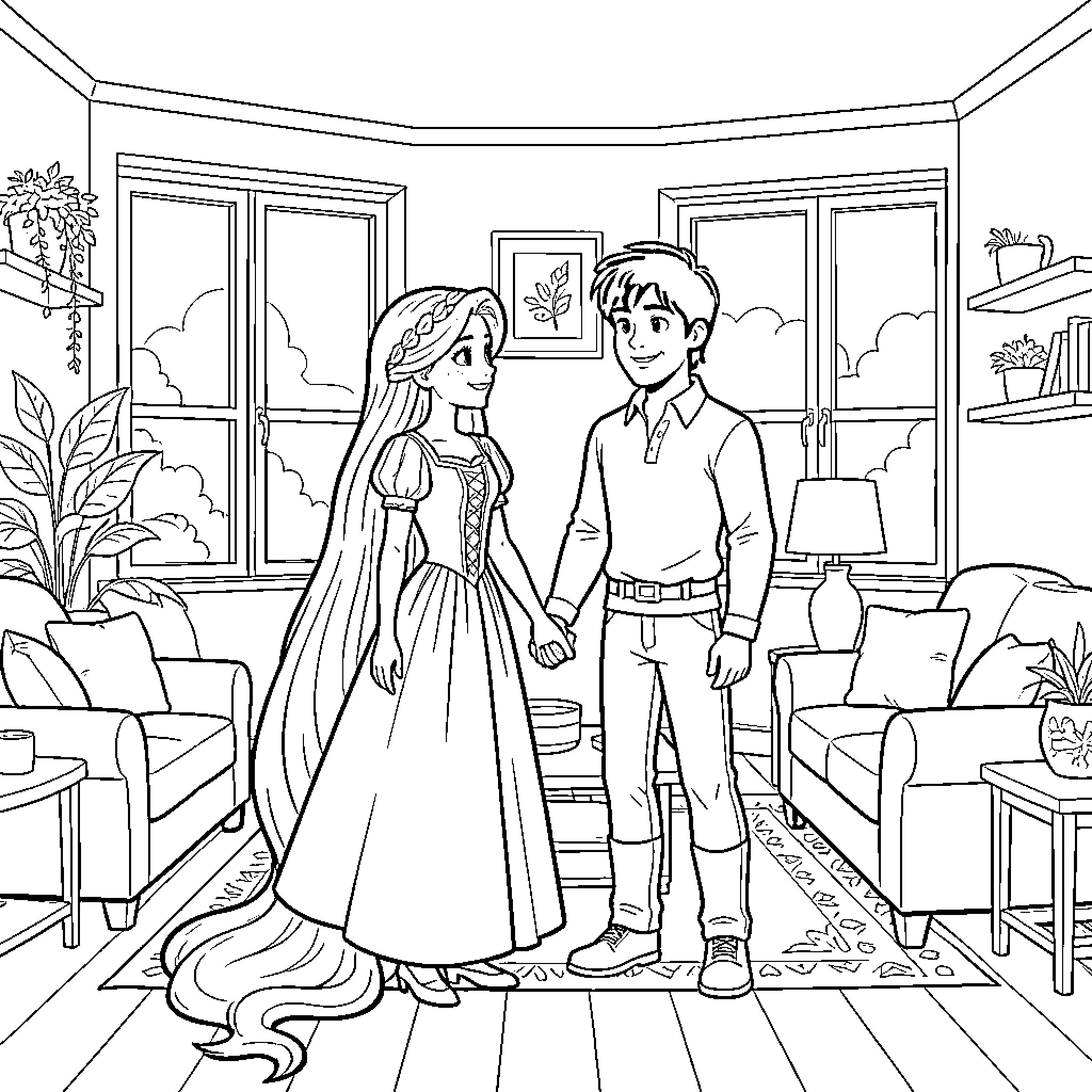 Rapunzel holding hands with a young man in a living room Coloring Page (free black-and-white line drawing printable PDF for all, from beginners to advanced learners, including children, teens, adults, and seniors)