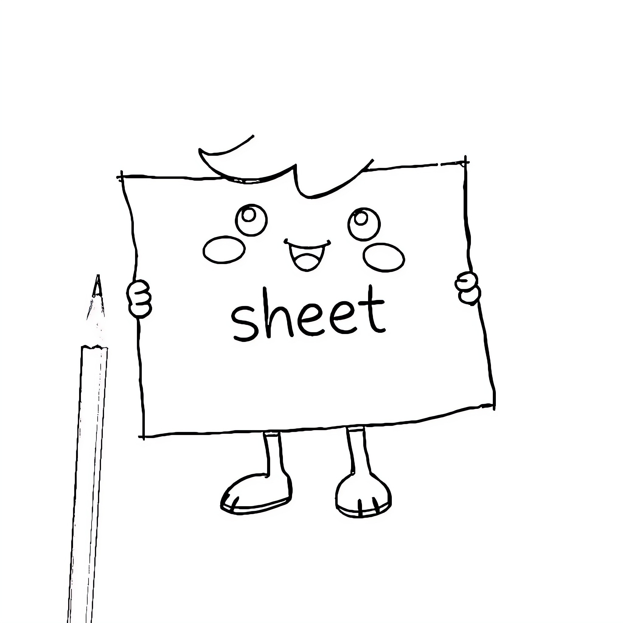 Sheet character holding pencil in hand Coloring Page (free black-and-white line drawing printable PDF for all, from beginners to advanced learners, including children, teens, adults, and seniors)