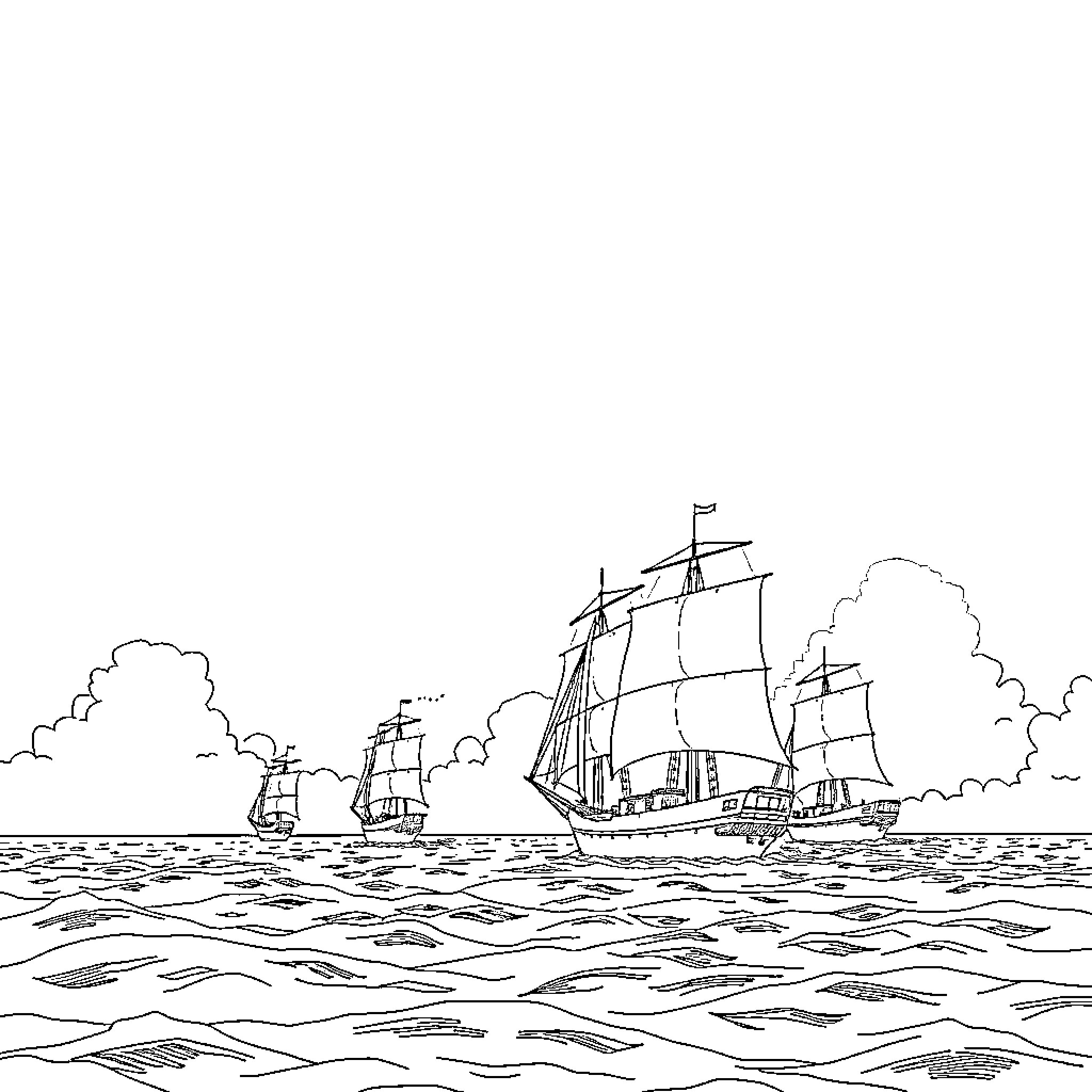 Ship Sailing Majestically on the Open Sea Coloring Page (free black-and-white line drawing printable PDF for all, from beginners to advanced learners, including children, teens, adults, and seniors)