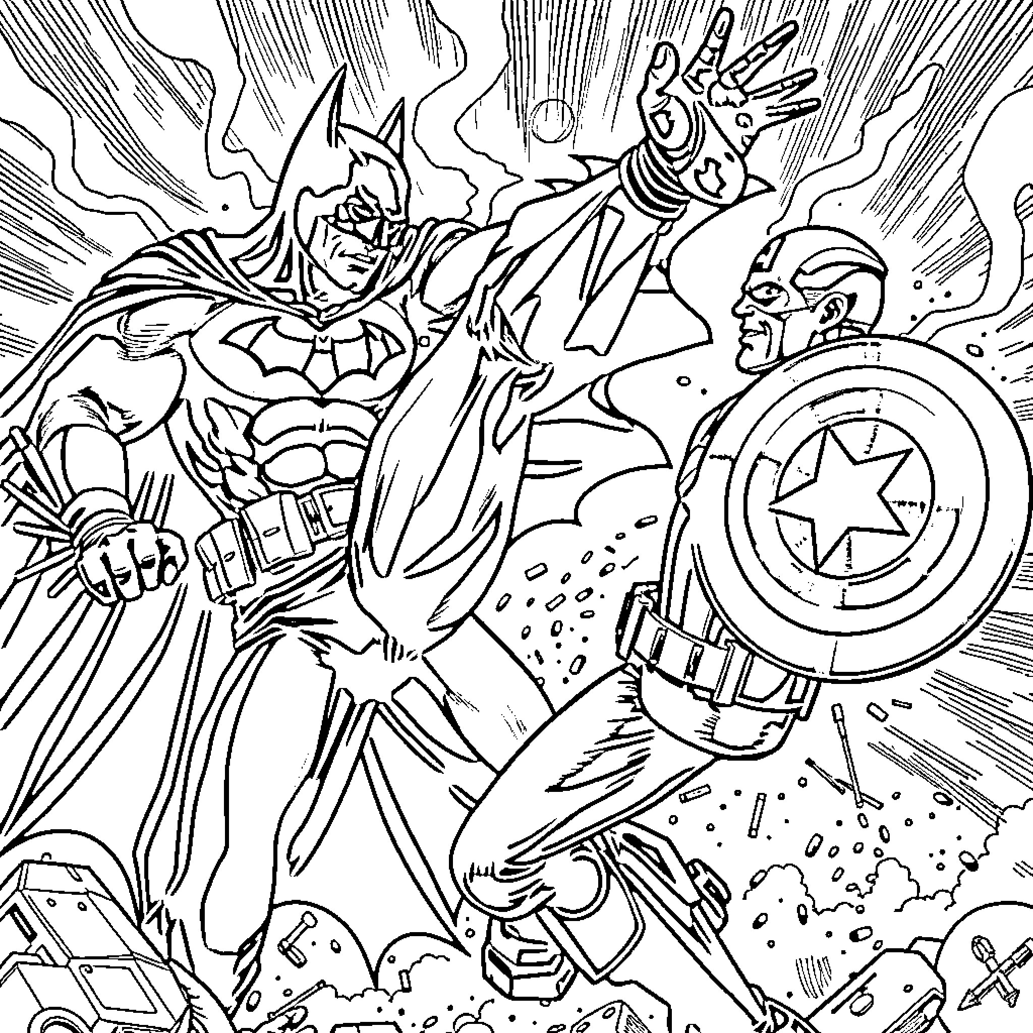 Batman in Epic Superhero Battle Coloring Page (free black-and-white line drawing printable PDF for all, from beginners to advanced learners, including children, teens, adults, and seniors)