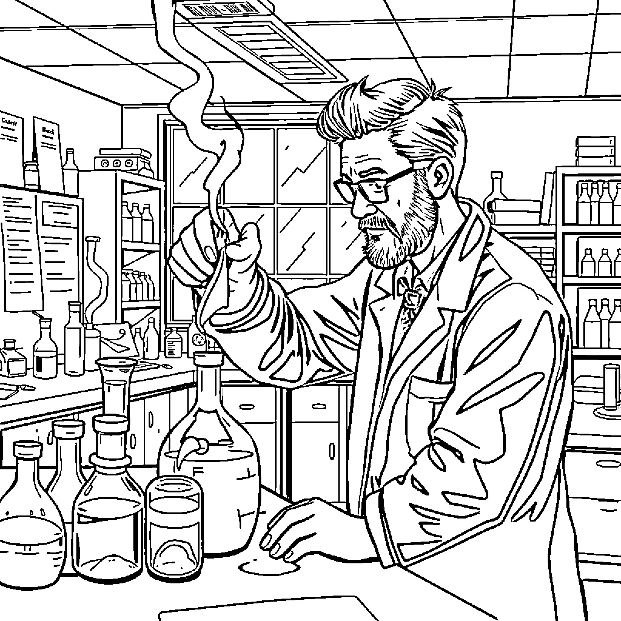 Teacher Conducting Experiment in Science Lab Coloring Page (free black-and-white line drawing printable PDF for all, from beginners to advanced learners, including children, teens, adults, and seniors)