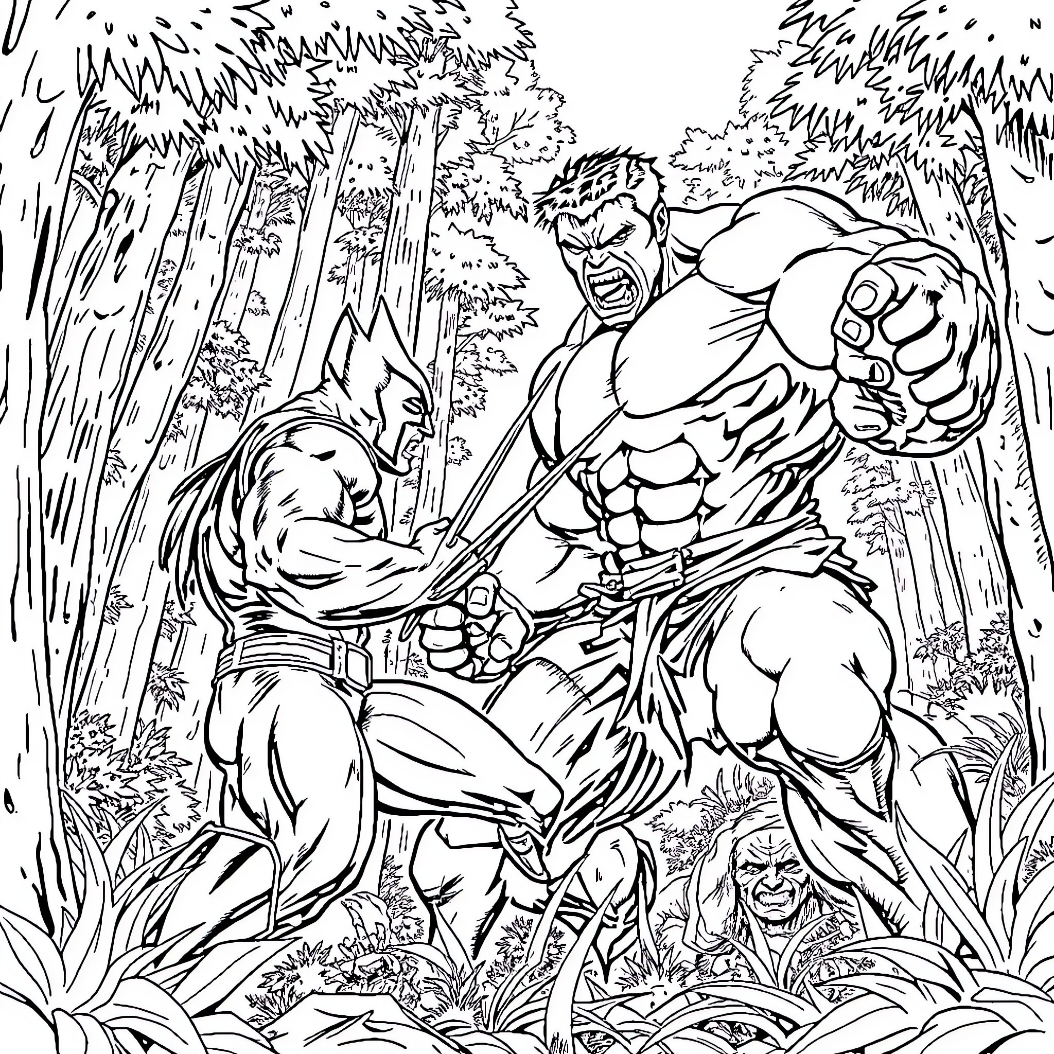 Superhero Battle in the Jungle Coloring Page (free black-and-white line drawing printable PDF for all, from beginners to advanced learners, including children, teens, adults, and seniors)