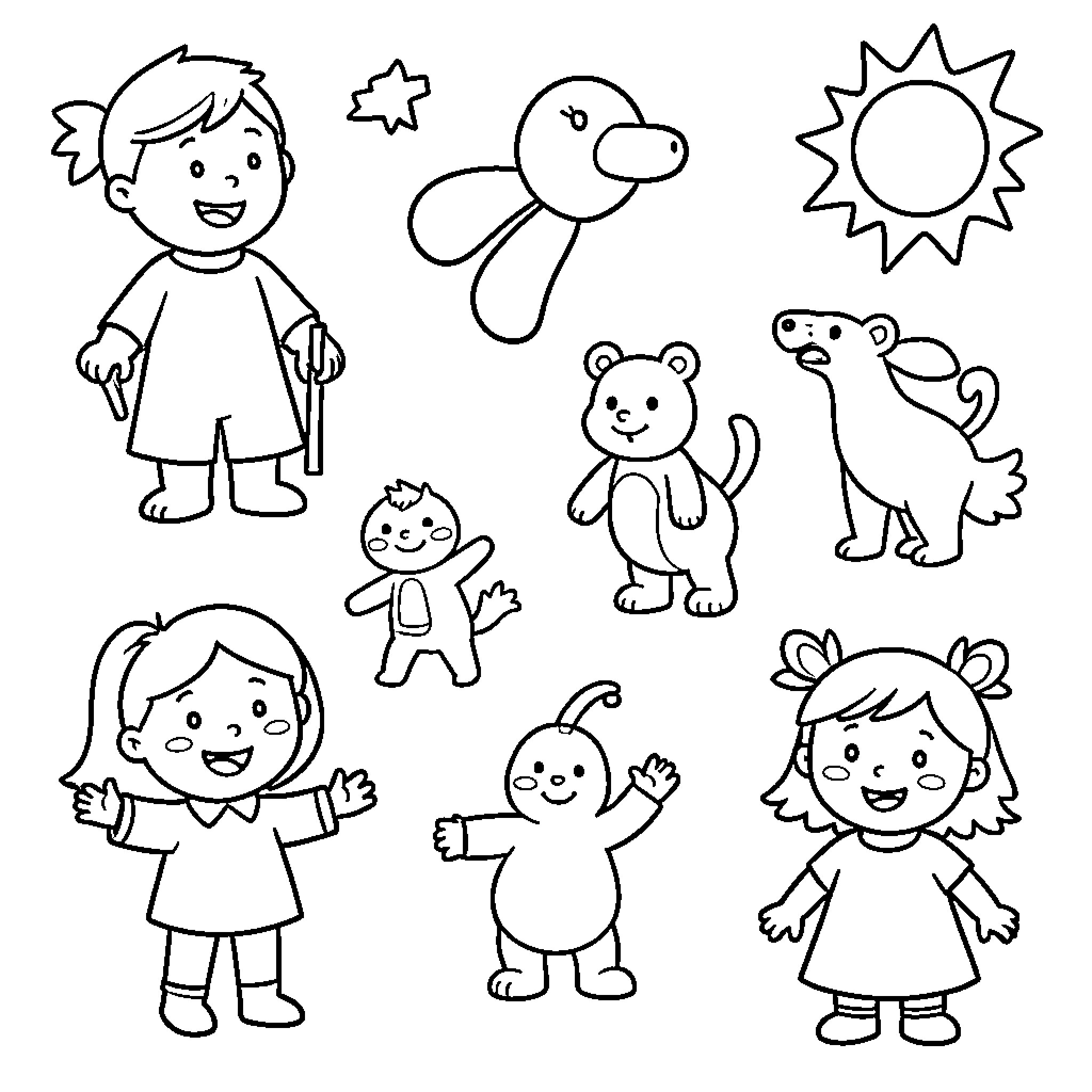 Child smiling among various cute animals and toys Coloring Page (free black-and-white line drawing printable PDF for all, from beginners to advanced learners, including children, teens, adults, and seniors)