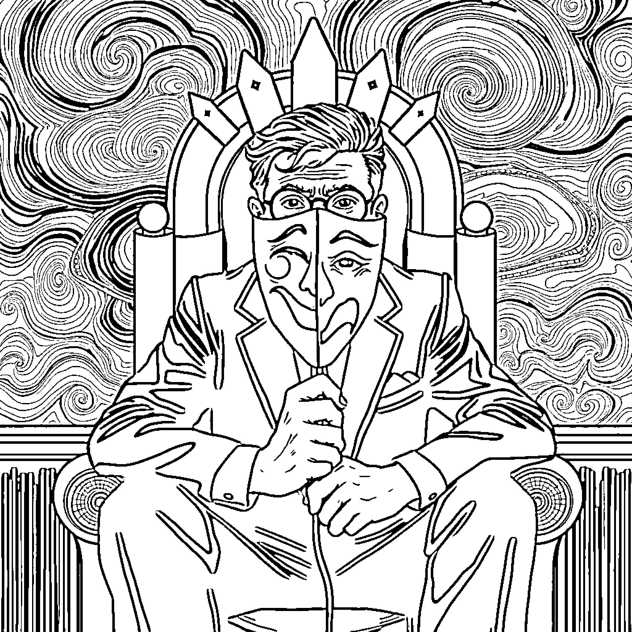 Man in Contemplative Pose with Surreal Backdrop Coloring Page (free black-and-white line drawing printable PDF for all, from beginners to advanced learners, including children, teens, adults, and seniors)