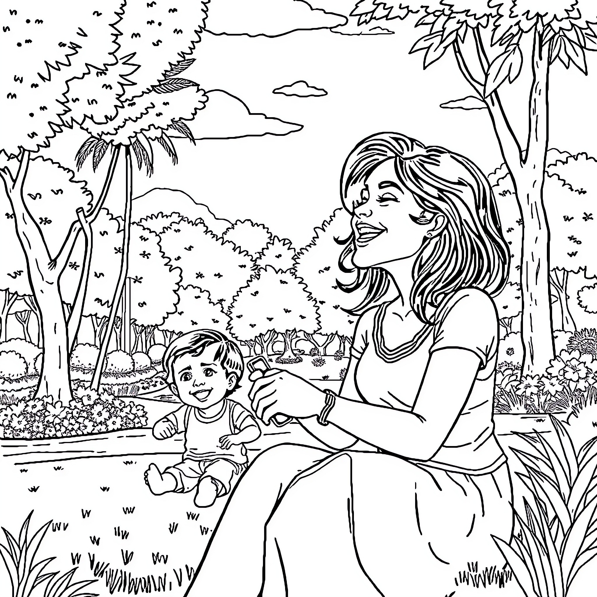 Wonder Woman Enjoys Nature with a Child Coloring Page (free black-and-white line drawing printable PDF for all, from beginners to advanced learners, including children, teens, adults, and seniors)