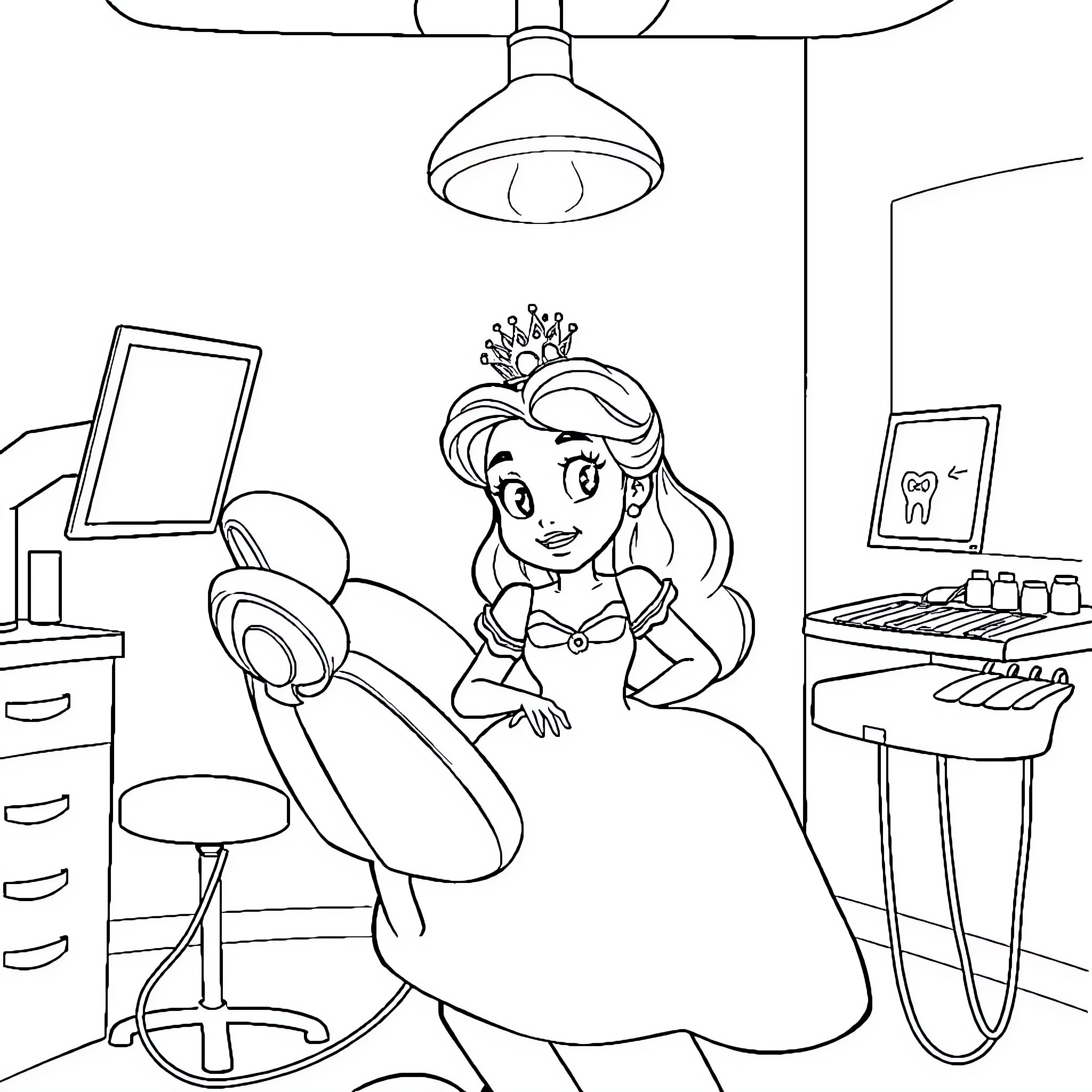 Disney Princess in a dental office Coloring Page (free black-and-white line drawing printable PDF for all, from beginners to advanced learners, including children, teens, adults, and seniors)