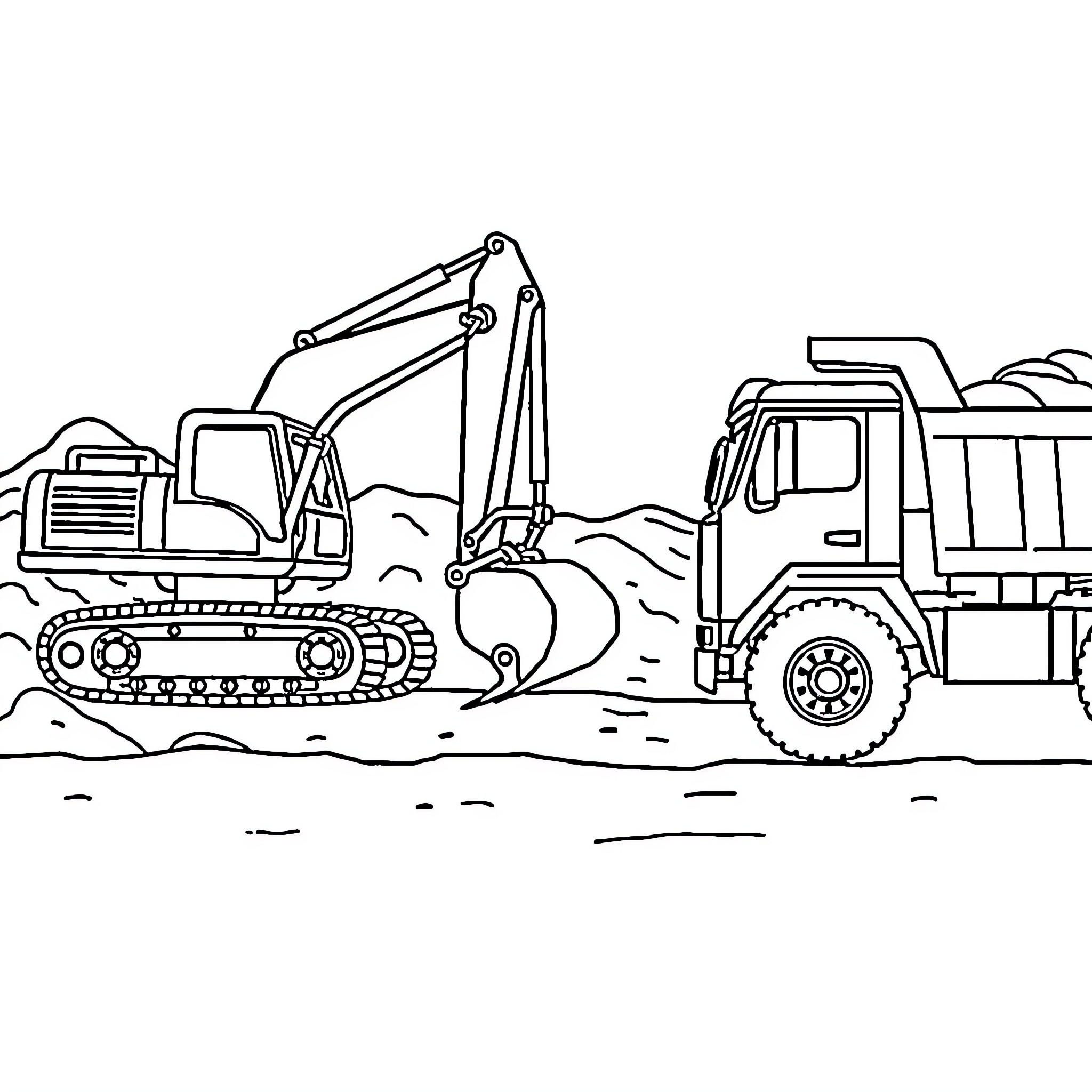 Excavator and dump truck in construction site Coloring Page (free black-and-white line drawing printable PDF for all, from beginners to advanced learners, including children, teens, adults, and seniors)