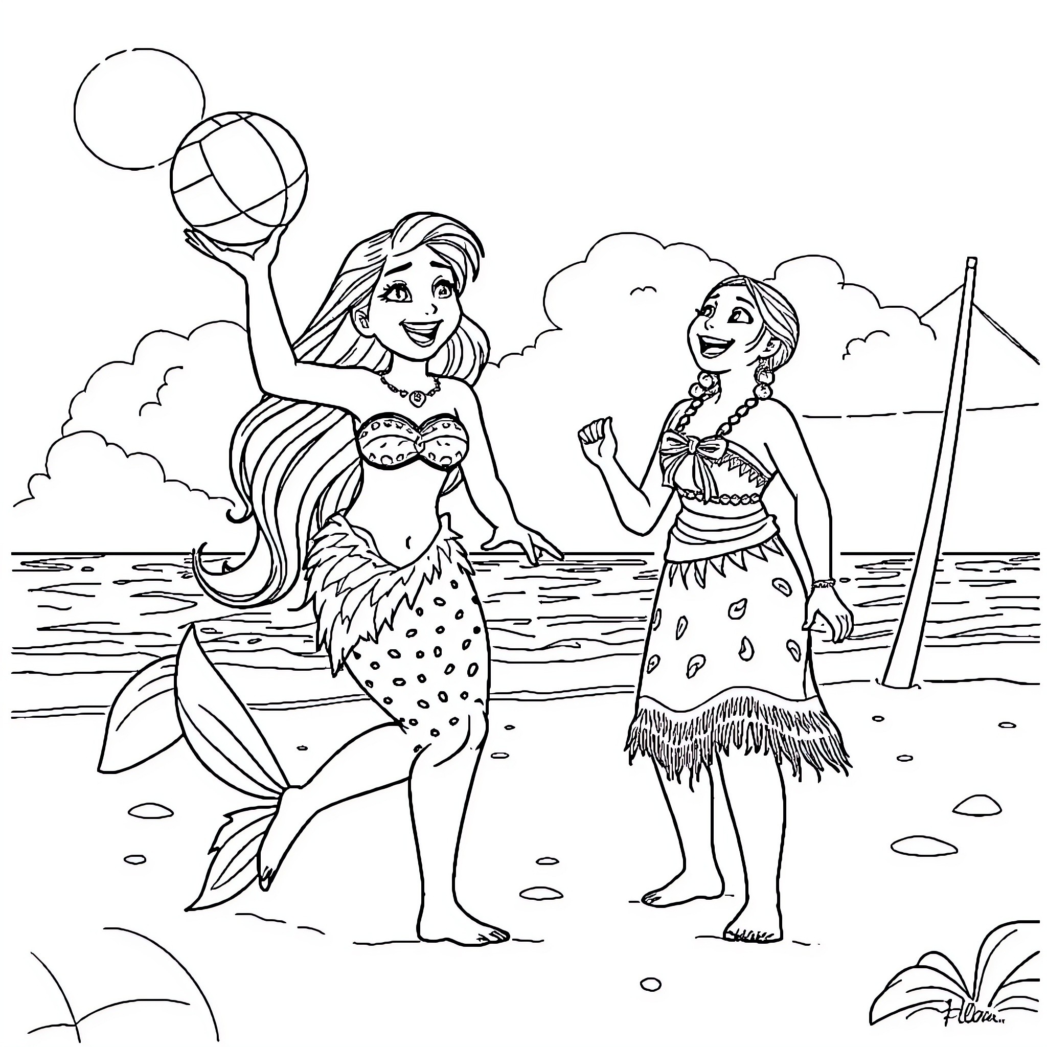Ariel and Moana explore the beach together Coloring Page (free black-and-white line drawing printable PDF for all, from beginners to advanced learners, including children, teens, adults, and seniors)