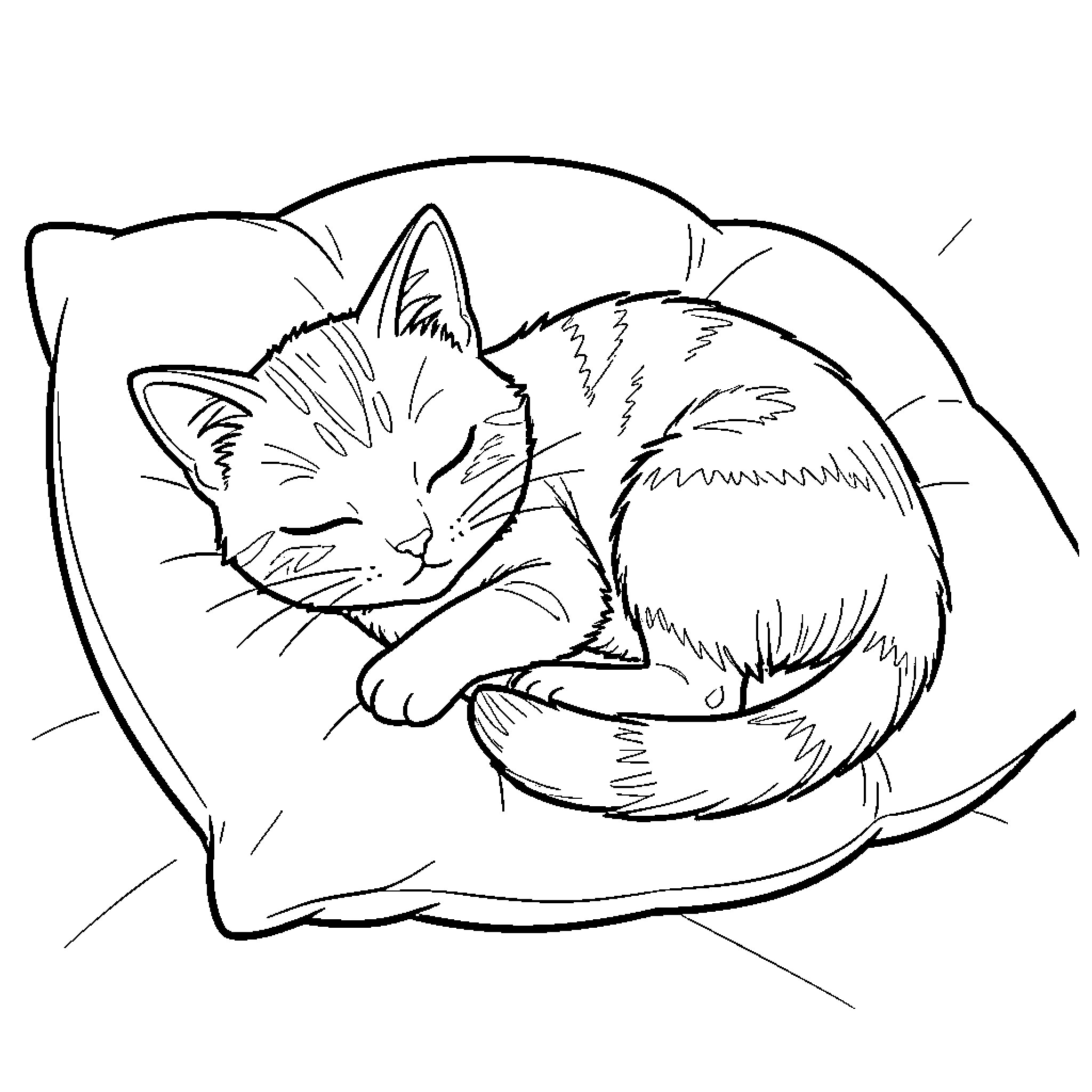 Cat sleeping peacefully on cozy pillow Coloring Page (free black-and-white line drawing printable PDF for all, from beginners to advanced learners, including children, teens, adults, and seniors)