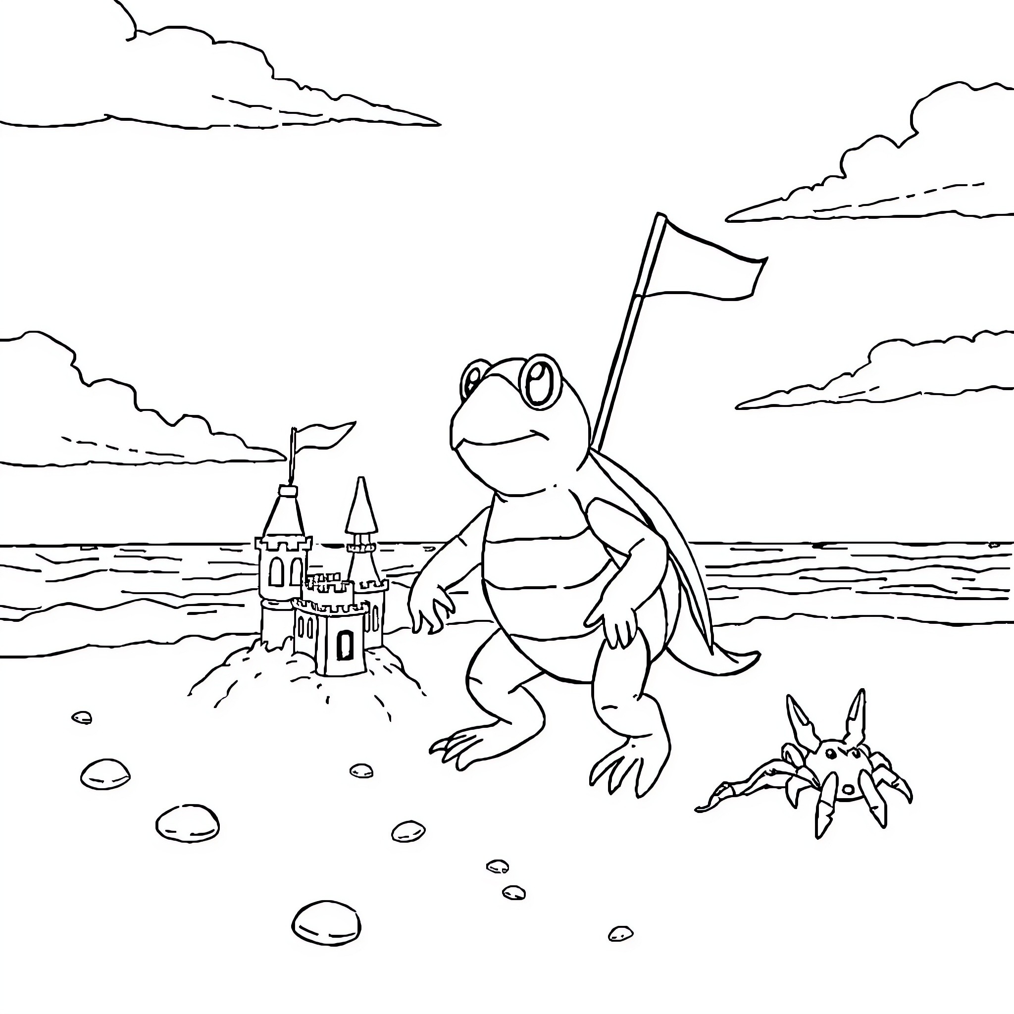 Pat Patrol: Frog with Flag Exploring the Beach Coloring Page (free black-and-white line drawing printable PDF for all, from beginners to advanced learners, including children, teens, adults, and seniors)