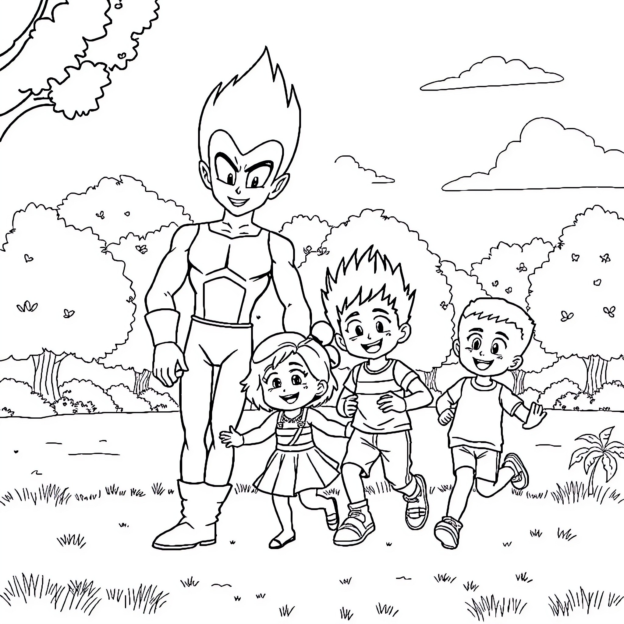 Vegeta with Family Enjoying Nature Coloring Page (free black-and-white line drawing printable PDF for all, from beginners to advanced learners, including children, teens, adults, and seniors)