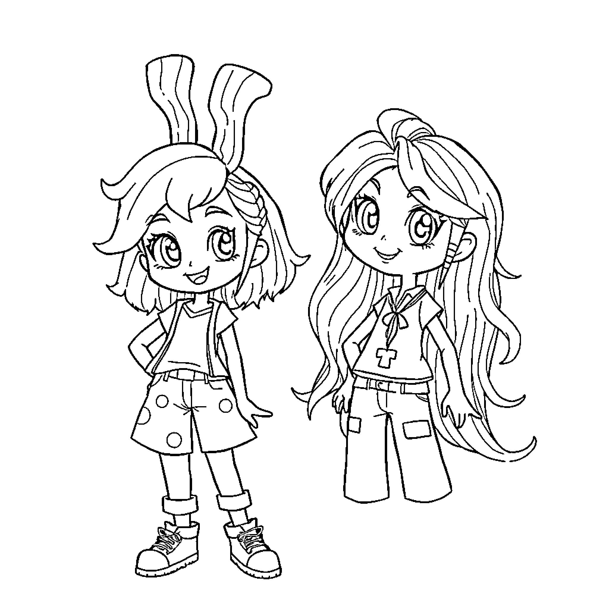 Cibuya Anime-Style Figures in Casual Attire Coloring Page (free black-and-white line drawing printable PDF for all, from beginners to advanced learners, including children, teens, adults, and seniors)