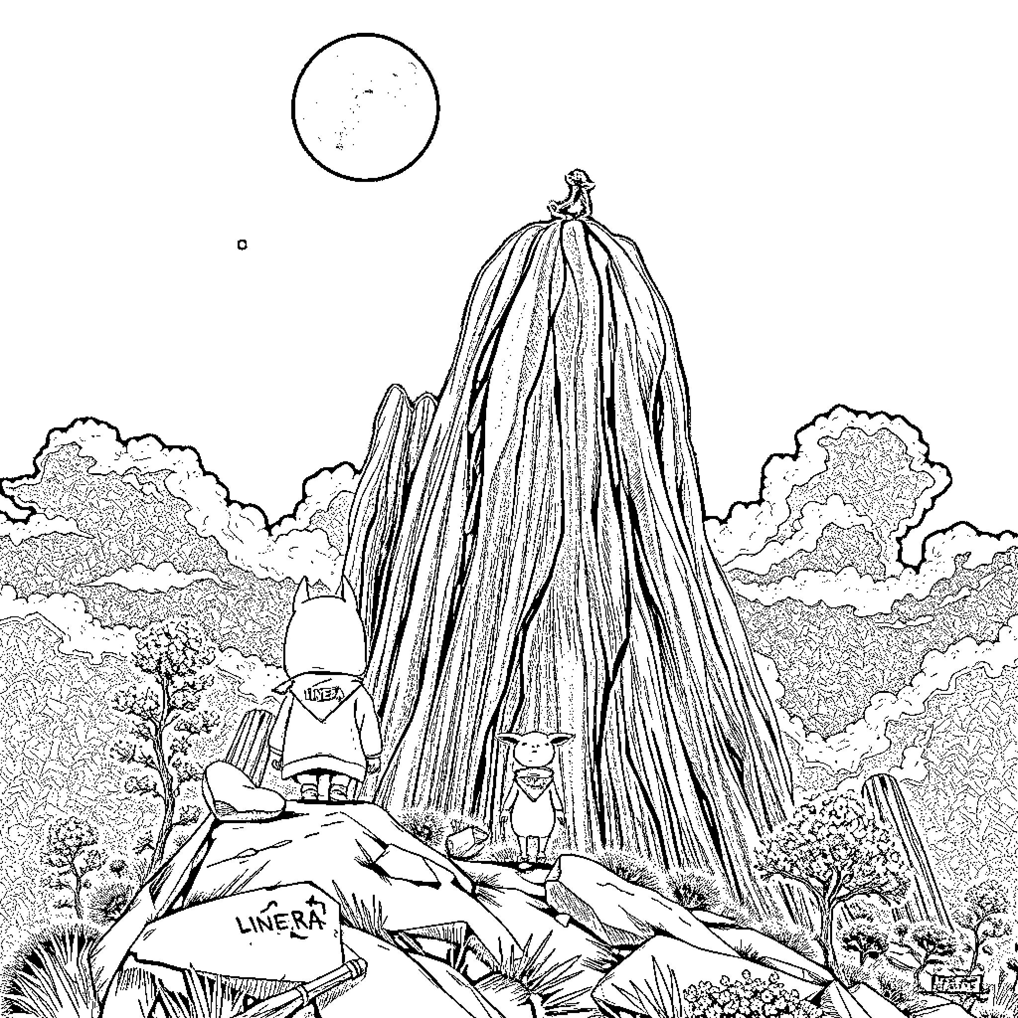 Bear climbing a mysterious hill in the forest Coloring Page (free black-and-white line drawing printable PDF for all, from beginners to advanced learners, including children, teens, adults, and seniors)