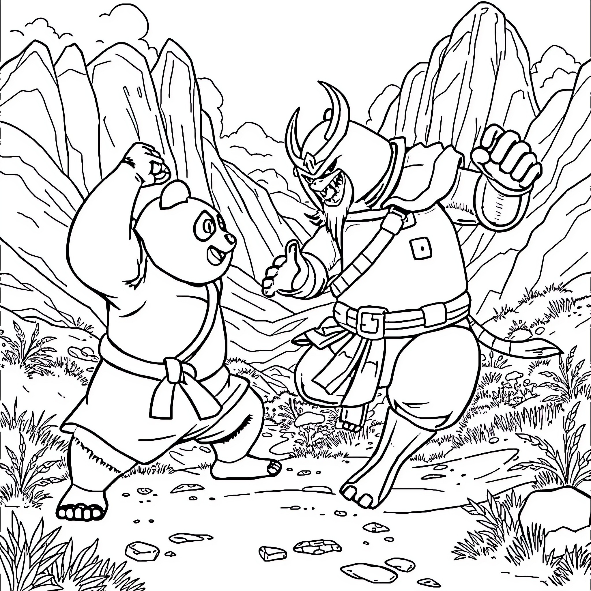 Panda fighting with a warrior in the mountains Coloring Page (free black-and-white line drawing printable PDF for all, from beginners to advanced learners, including children, teens, adults, and seniors)