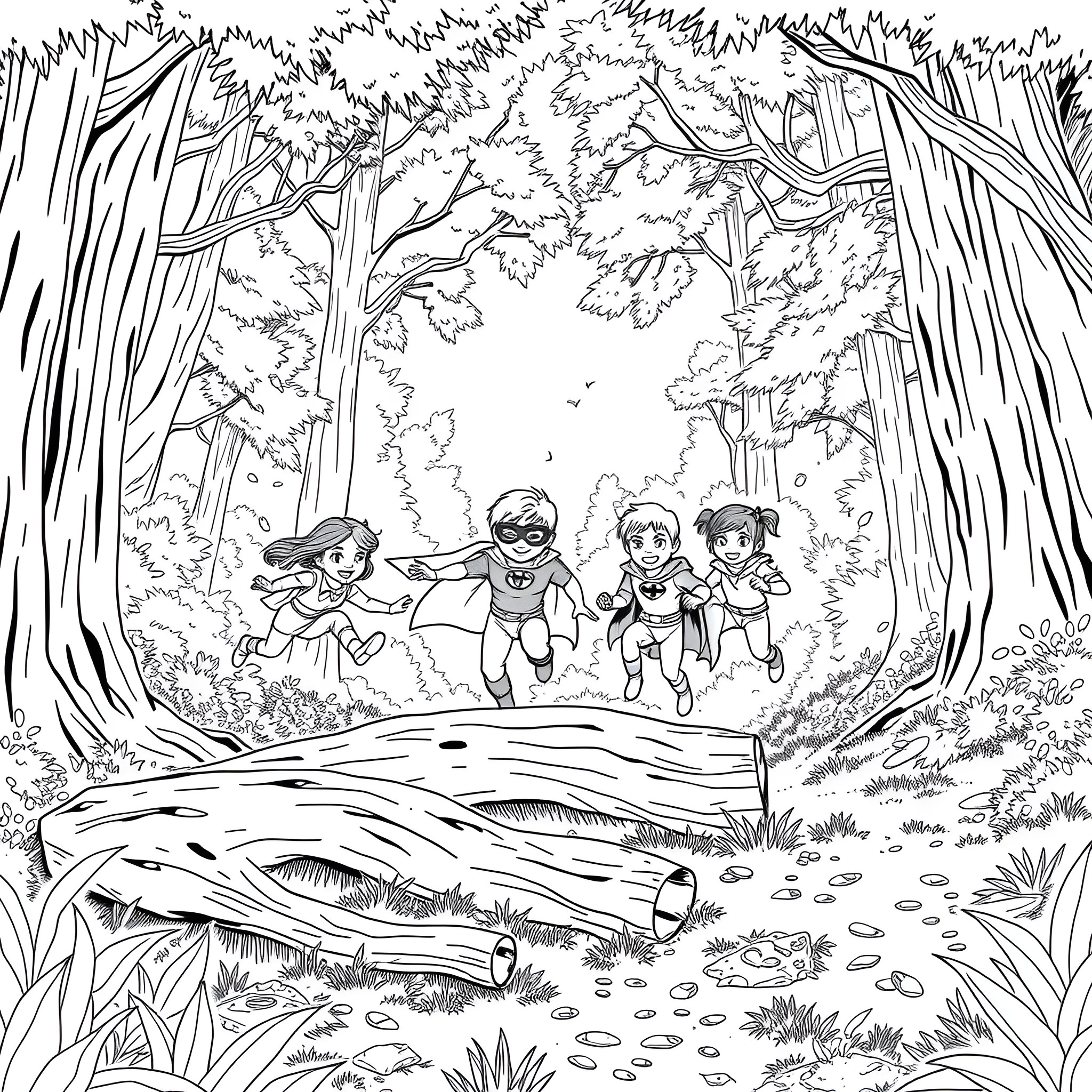Child Superheroes Saving the Day in the Forest Coloring Page (free black-and-white line drawing printable PDF for all, from beginners to advanced learners, including children, teens, adults, and seniors)