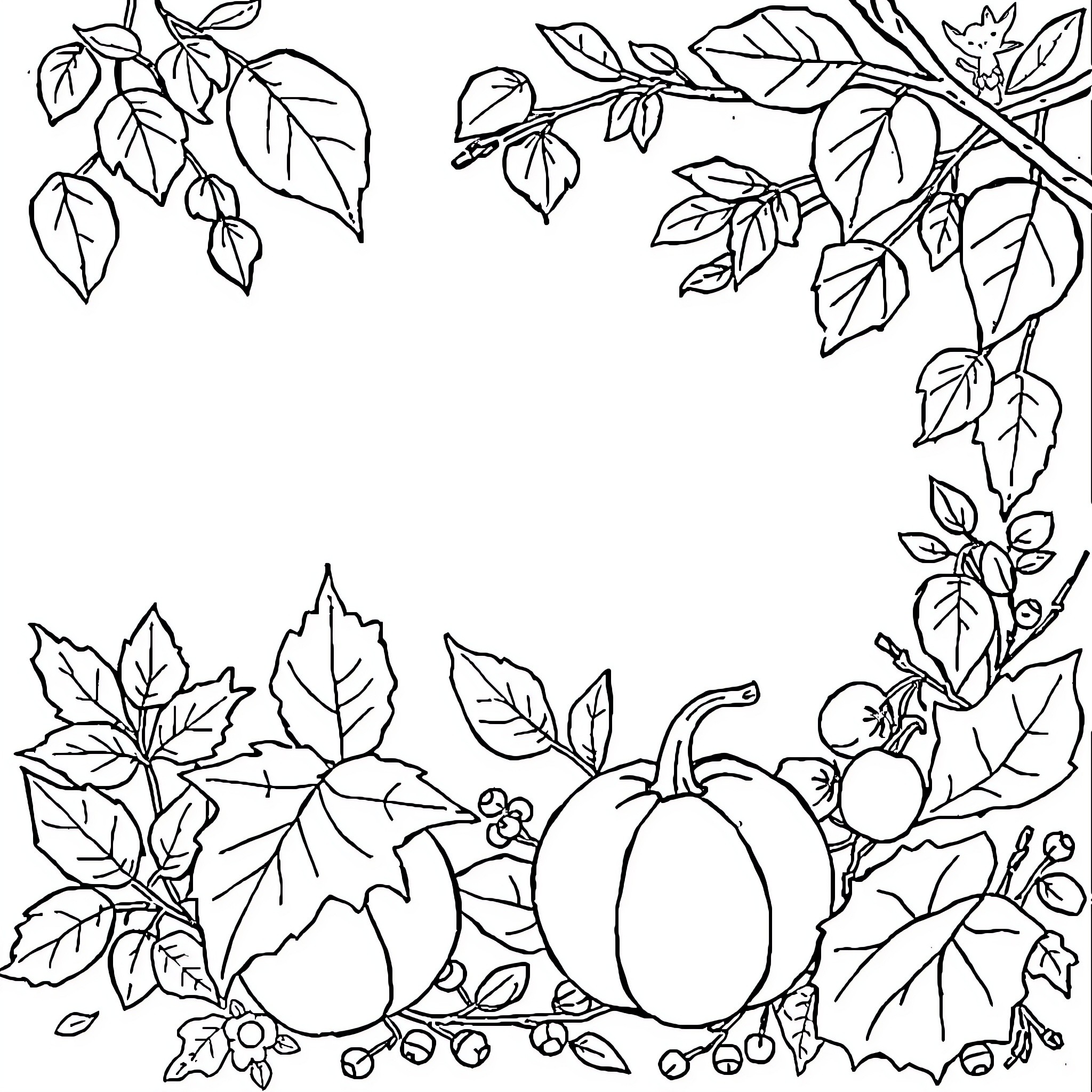 Autumn Leaves and Pumpkins in Nature Coloring Page (free black-and-white line drawing printable PDF for all, from beginners to advanced learners, including children, teens, adults, and seniors)