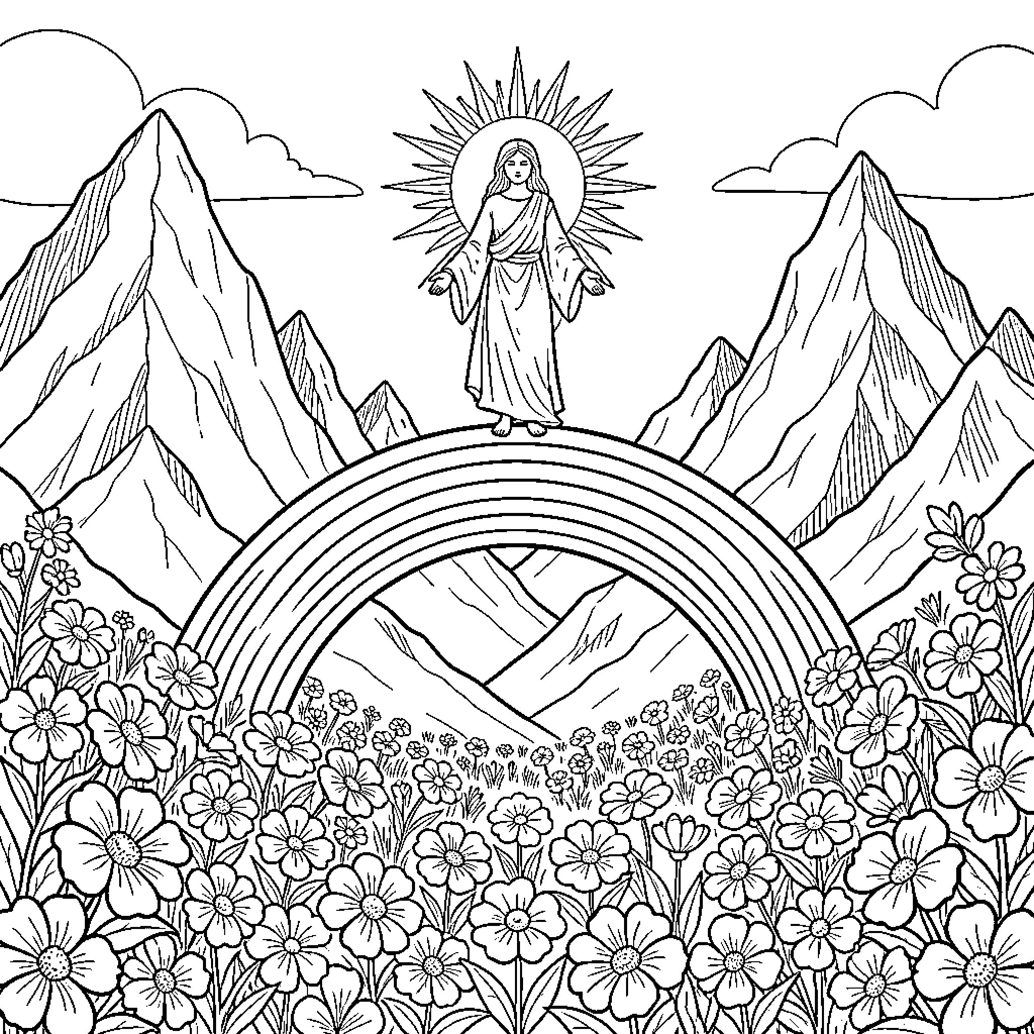 Soleil figure standing atop a rainbow amidst mountains and flowers Coloring Page (free black-and-white line drawing printable PDF for all, from beginners to advanced learners, including children, teens, adults, and seniors)