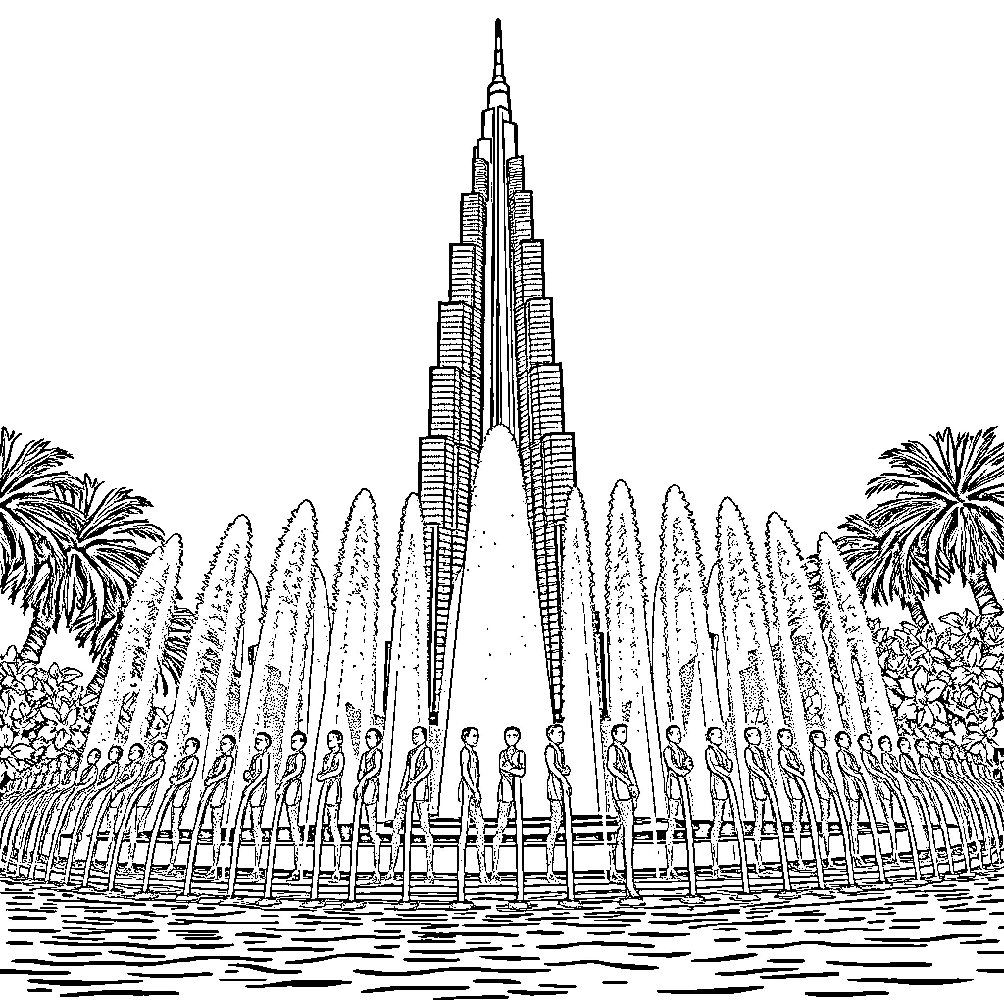 Burj Khalifa fountain show with surrounding silhouettes Coloring Page (free black-and-white line drawing printable PDF for all, from beginners to advanced learners, including children, teens, adults, and seniors)