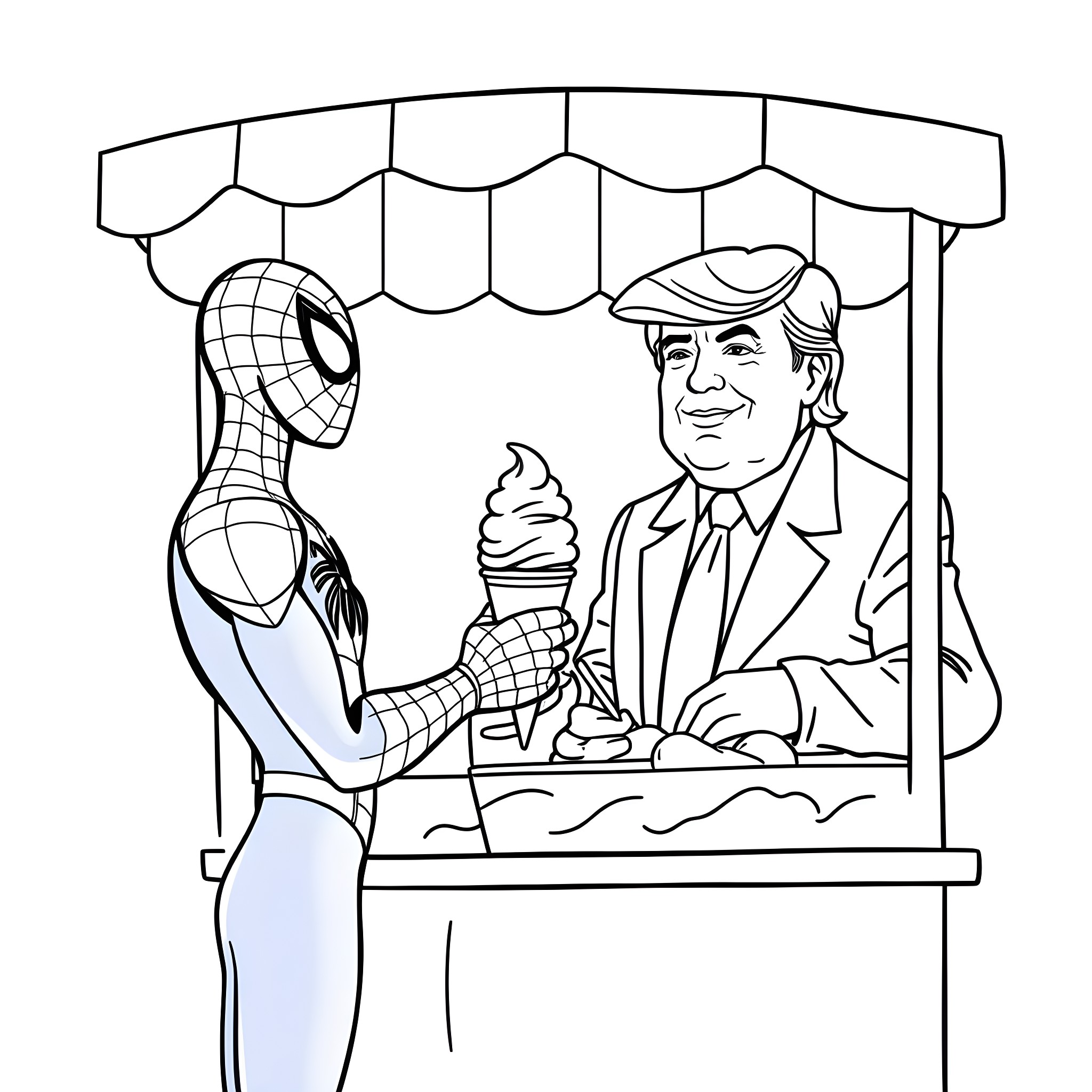 Spider-Man enjoys an ice cream with a street vendor Coloring Page (free black-and-white line drawing printable PDF for all, from beginners to advanced learners, including children, teens, adults, and seniors)