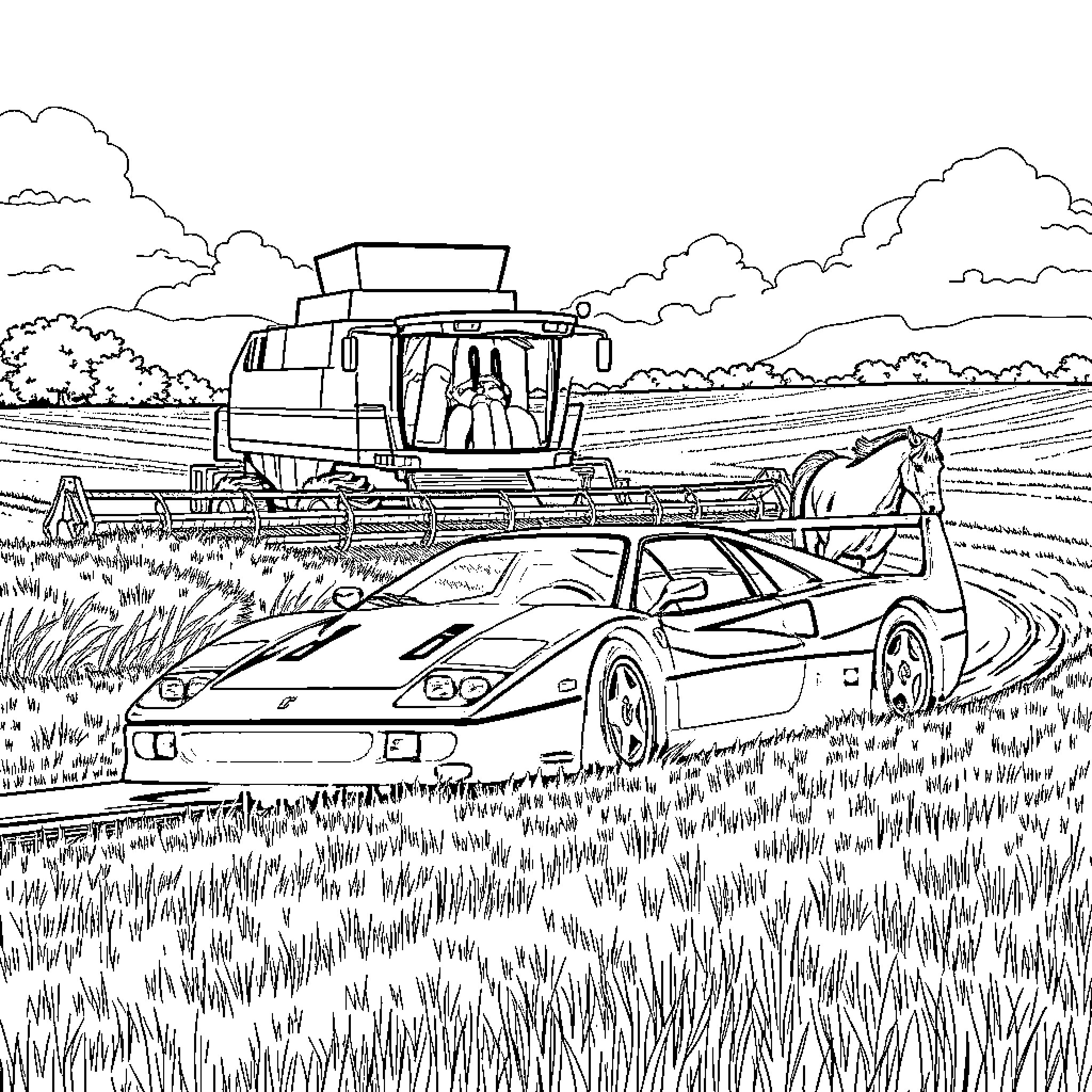 Ferrari racing through the countryside Coloring Page (free black-and-white line drawing printable PDF for all, from beginners to advanced learners, including children, teens, adults, and seniors)