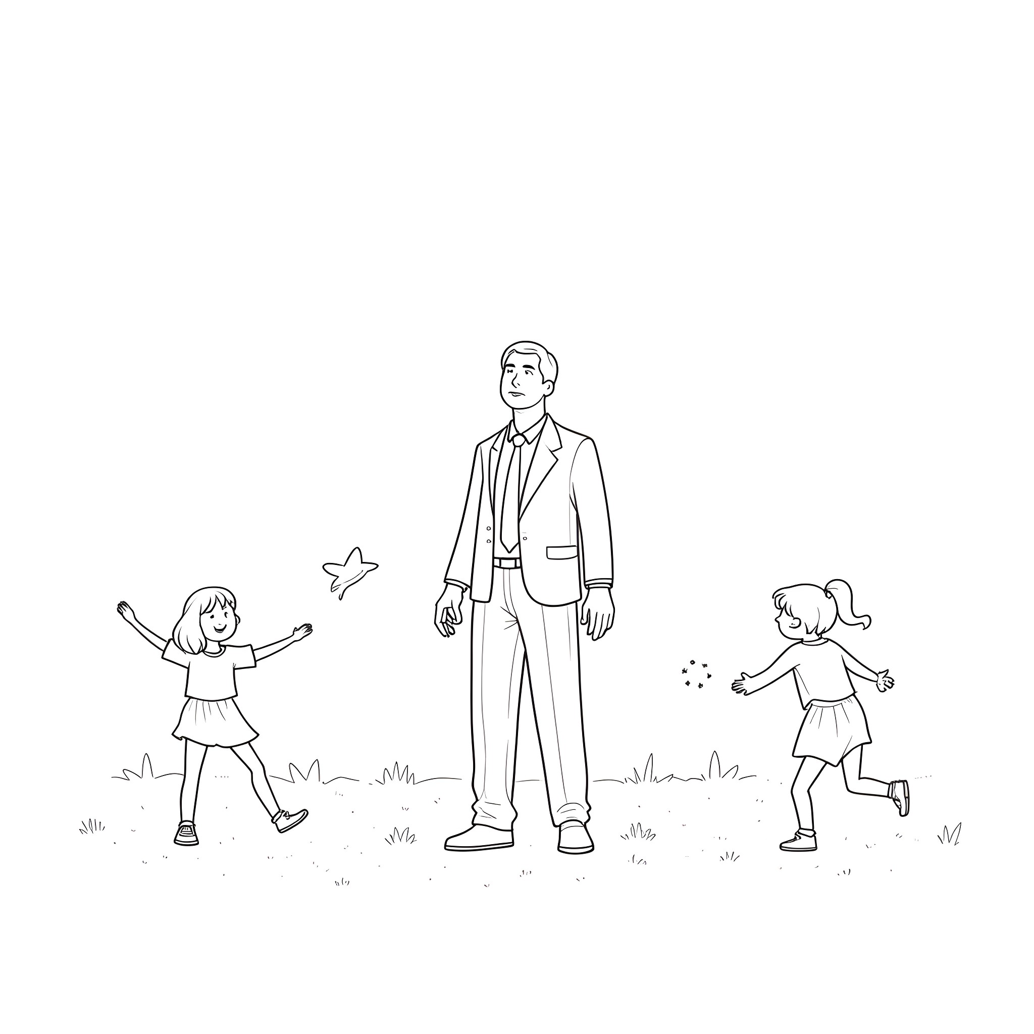 Trump interacting with children in a lighthearted scene Coloring Page (free black-and-white line drawing printable PDF for all, from beginners to advanced learners, including children, teens, adults, and seniors)