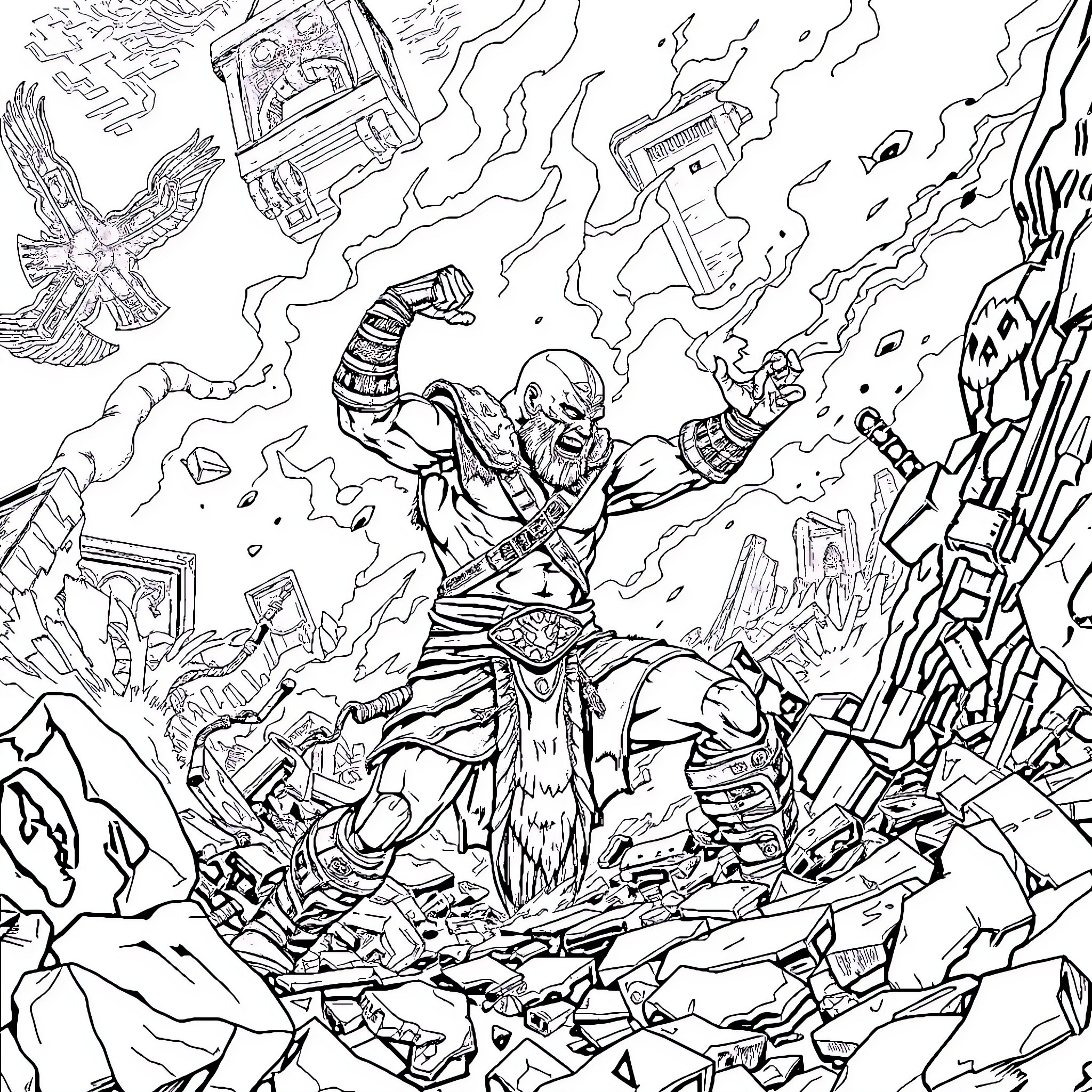 Kratos' Rage Unleashed in Epic Battle Coloring Page (free black-and-white line drawing printable PDF for all, from beginners to advanced learners, including children, teens, adults, and seniors)