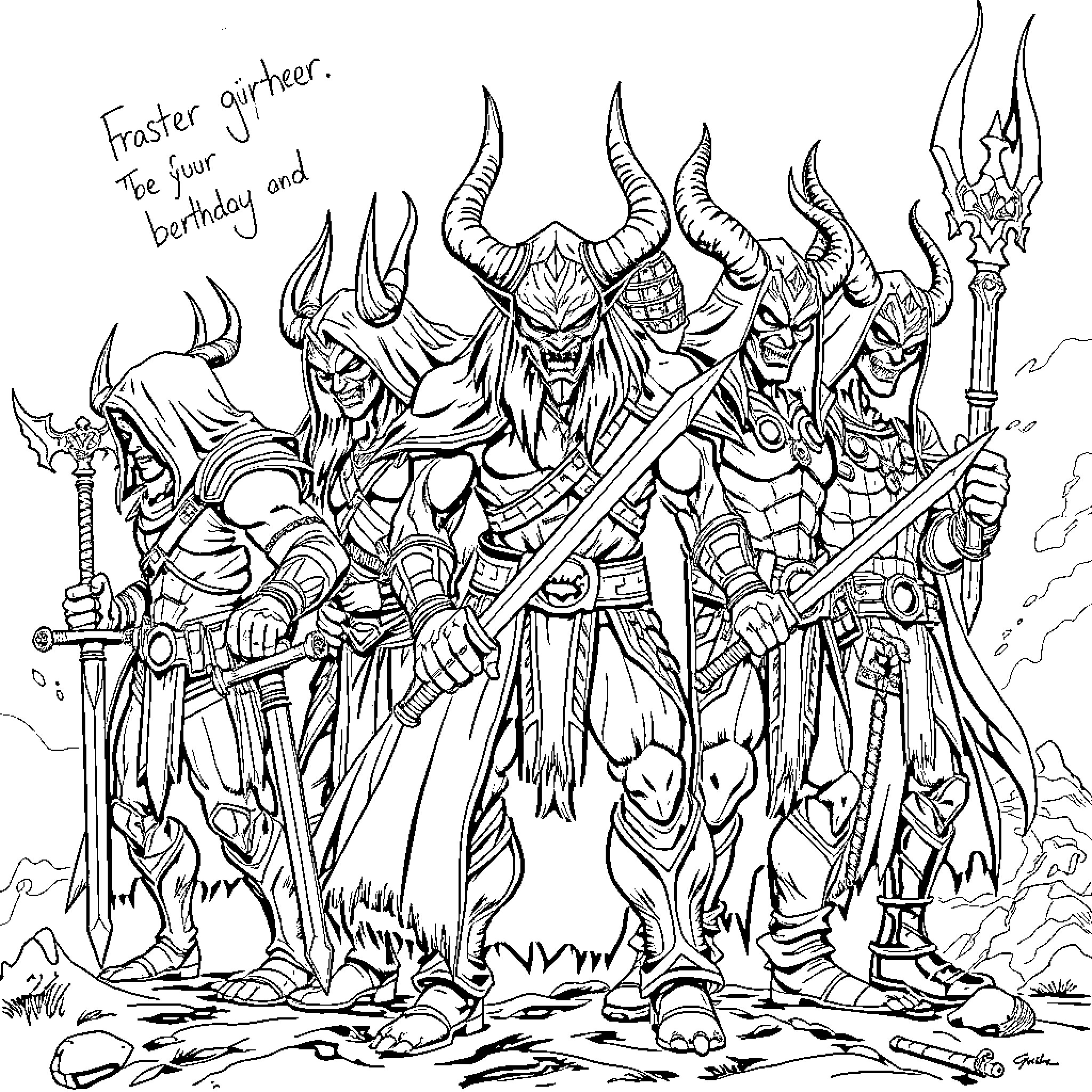 Demon Hunters in Fierce Battle Gear Coloring Page (free black-and-white line drawing printable PDF for all, from beginners to advanced learners, including children, teens, adults, and seniors)